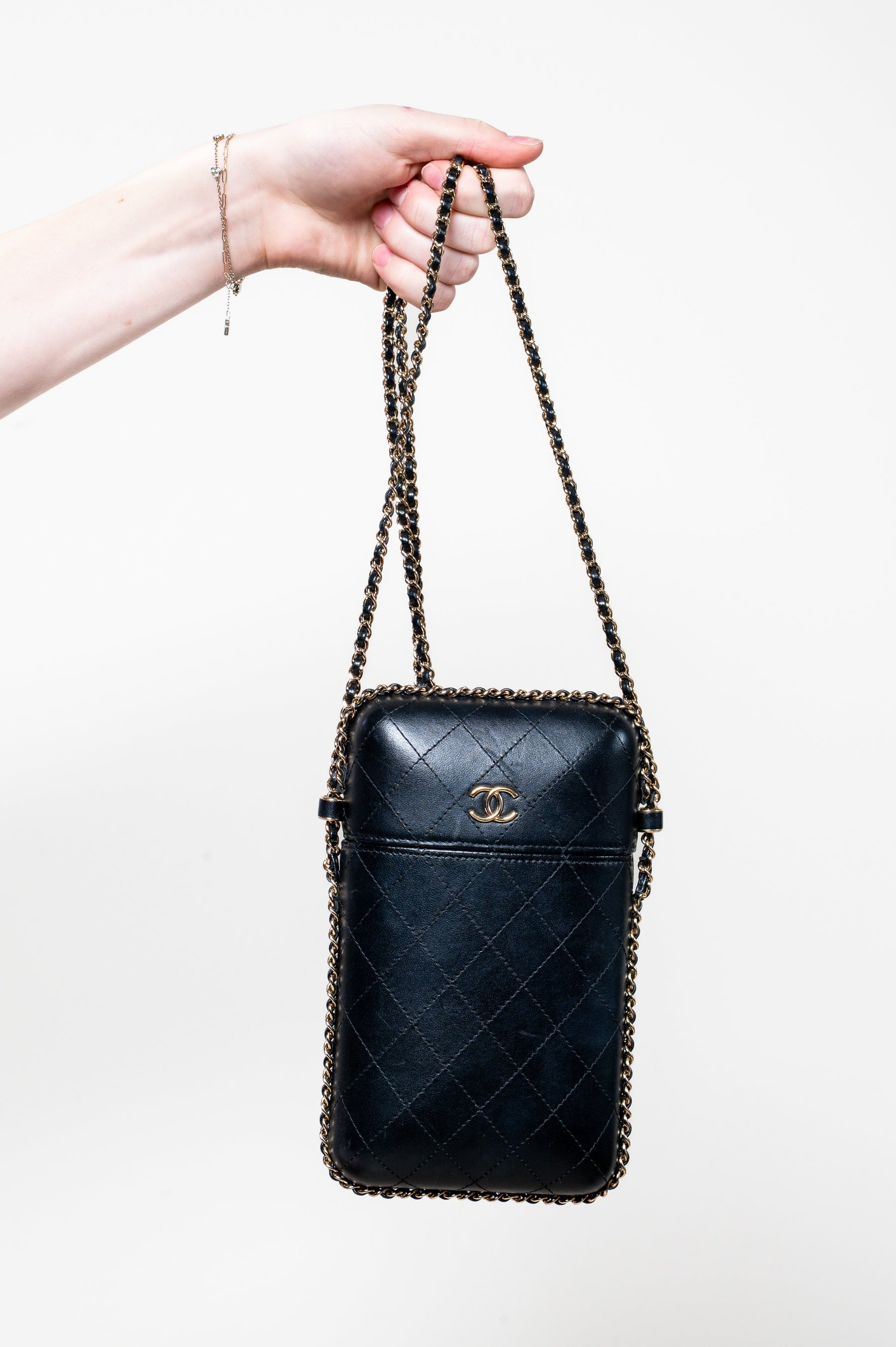 Black Lambskin Chain Around Phone Holder Crossbody