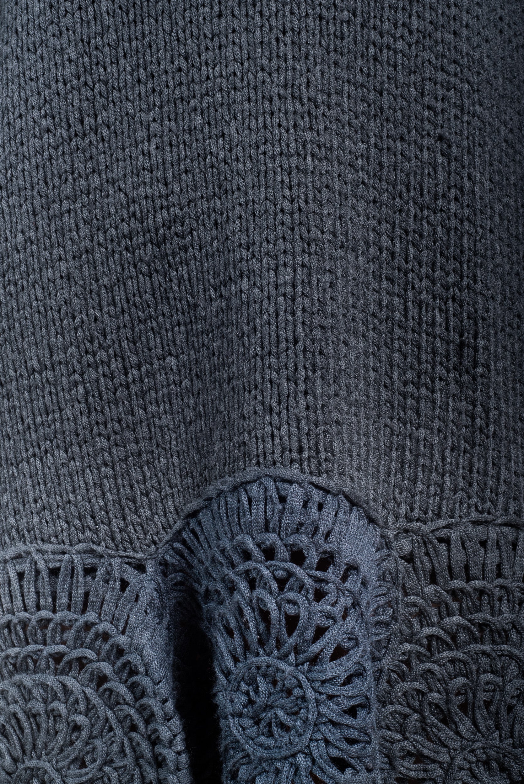 grey knit chunk sweater dress w/ crochet hem