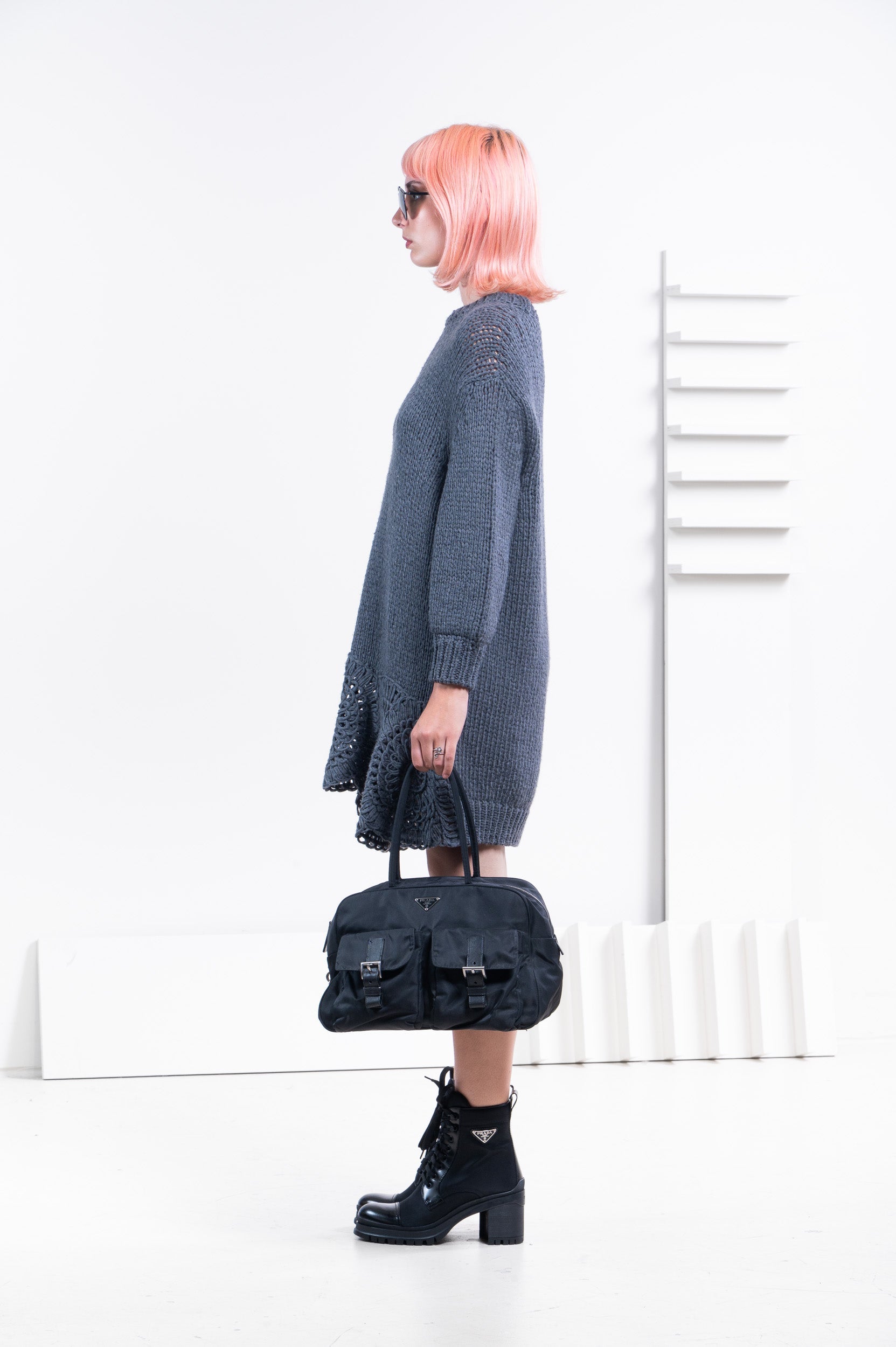 grey knit chunk sweater dress w/ crochet hem