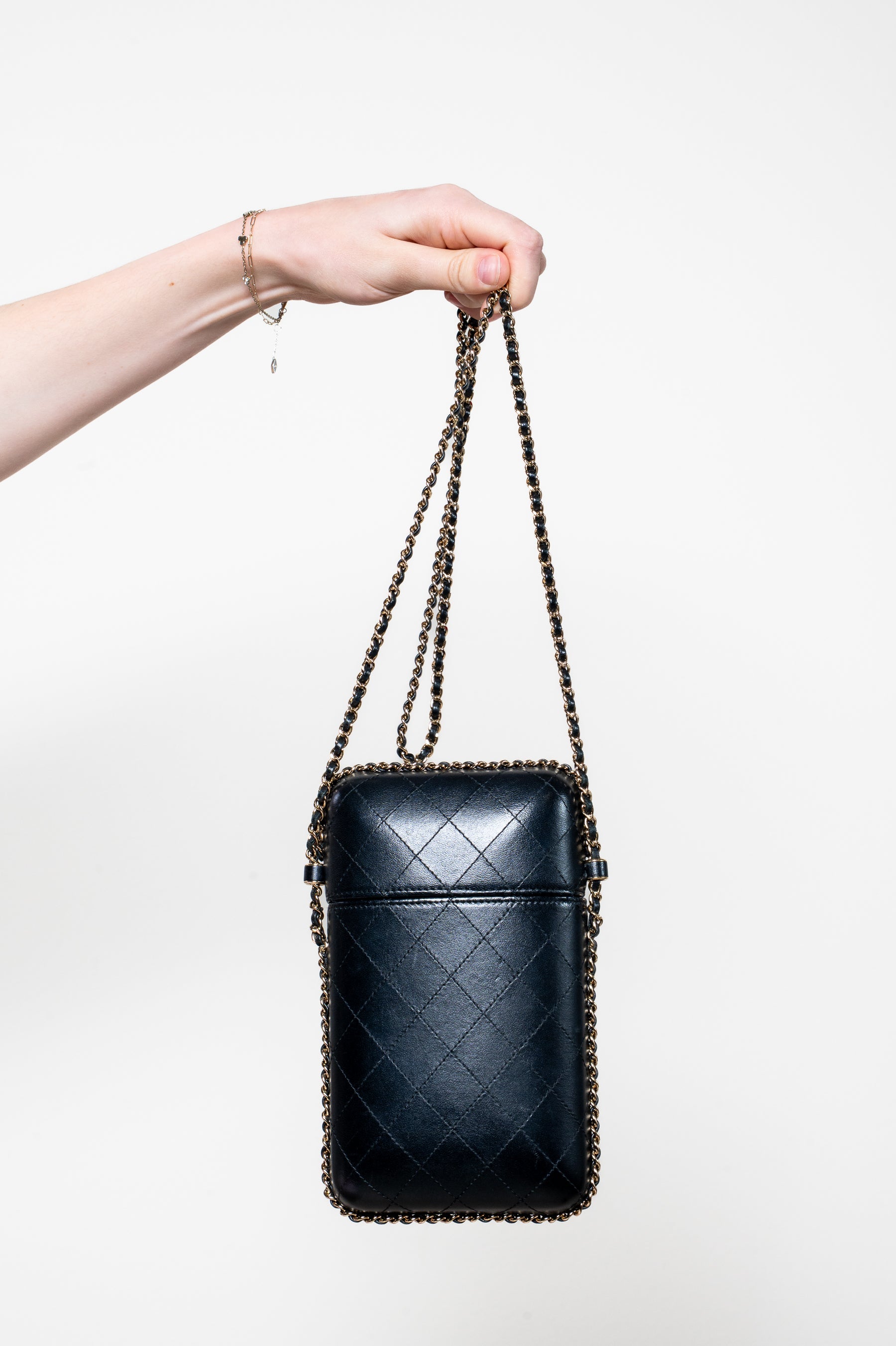 Black Lambskin Chain Around Phone Holder Crossbody