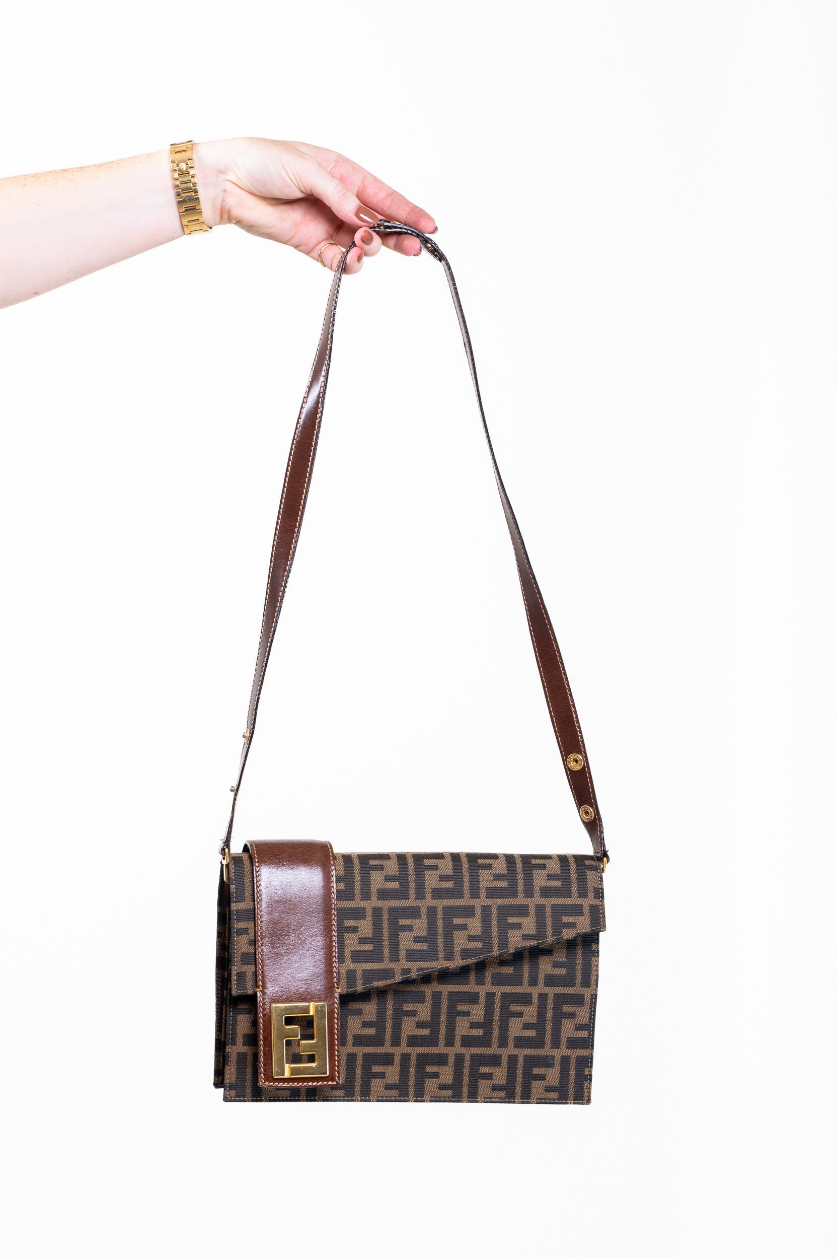 Vintage Brown Zucca Canvas Shoulder Bag with Gold Logo