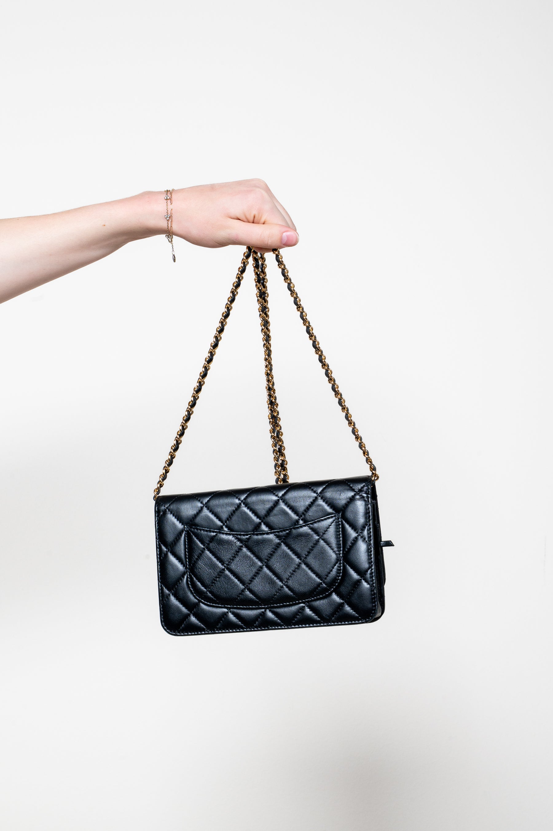 Black Lambskin Crystal CC Wallet On Chain