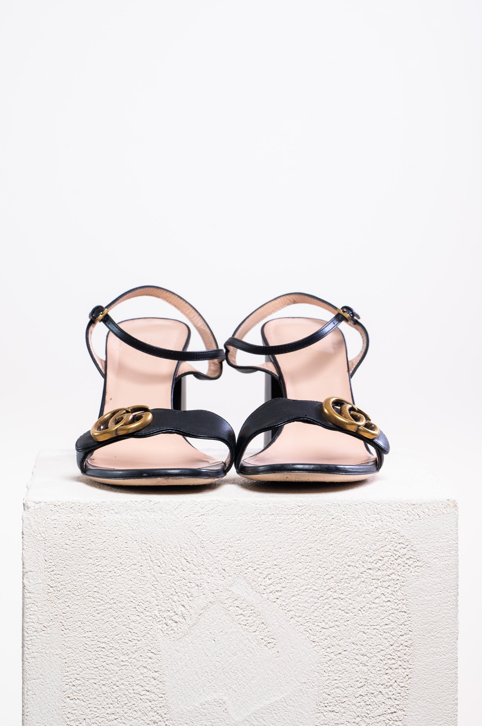 Black Marmont Leather GG Block Heel Sandals