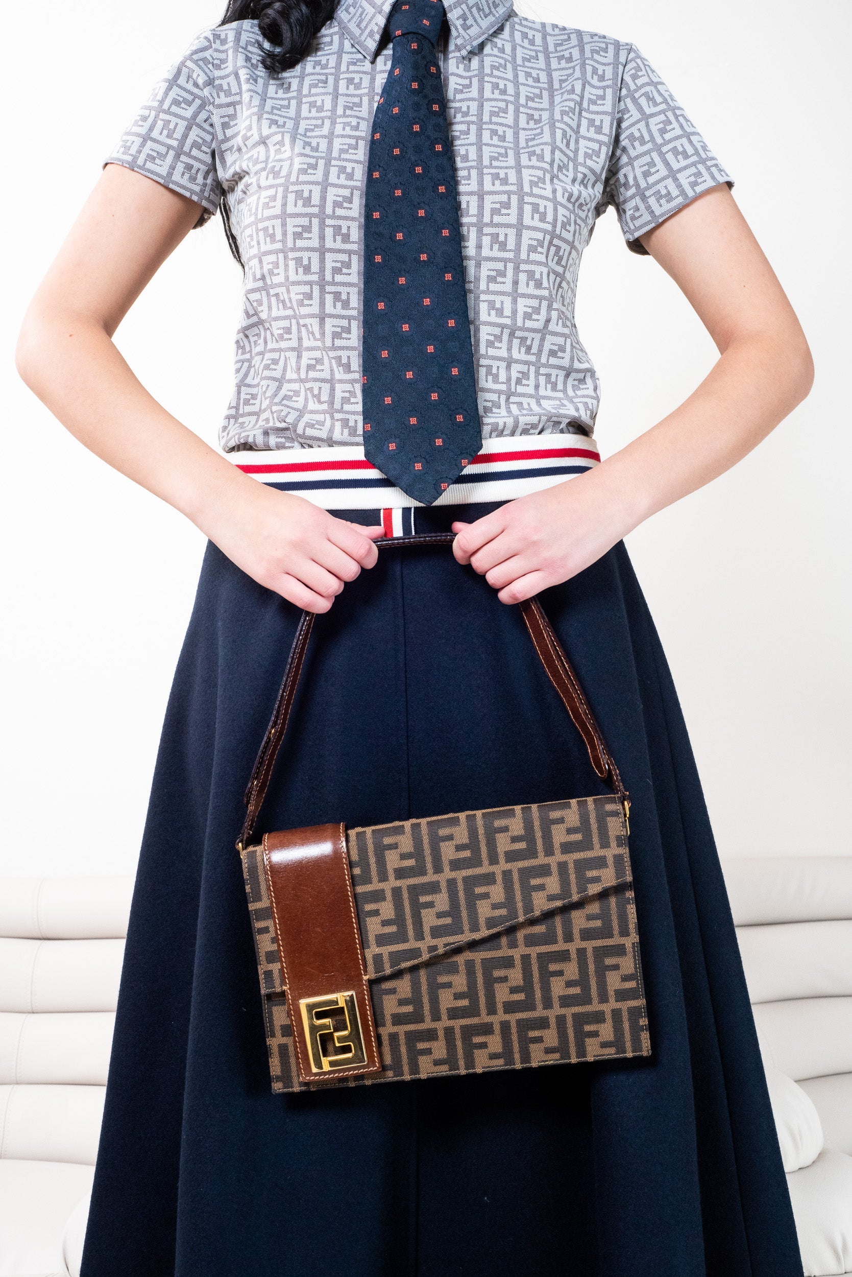 Vintage Brown Zucca Canvas Shoulder Bag with Gold Logo