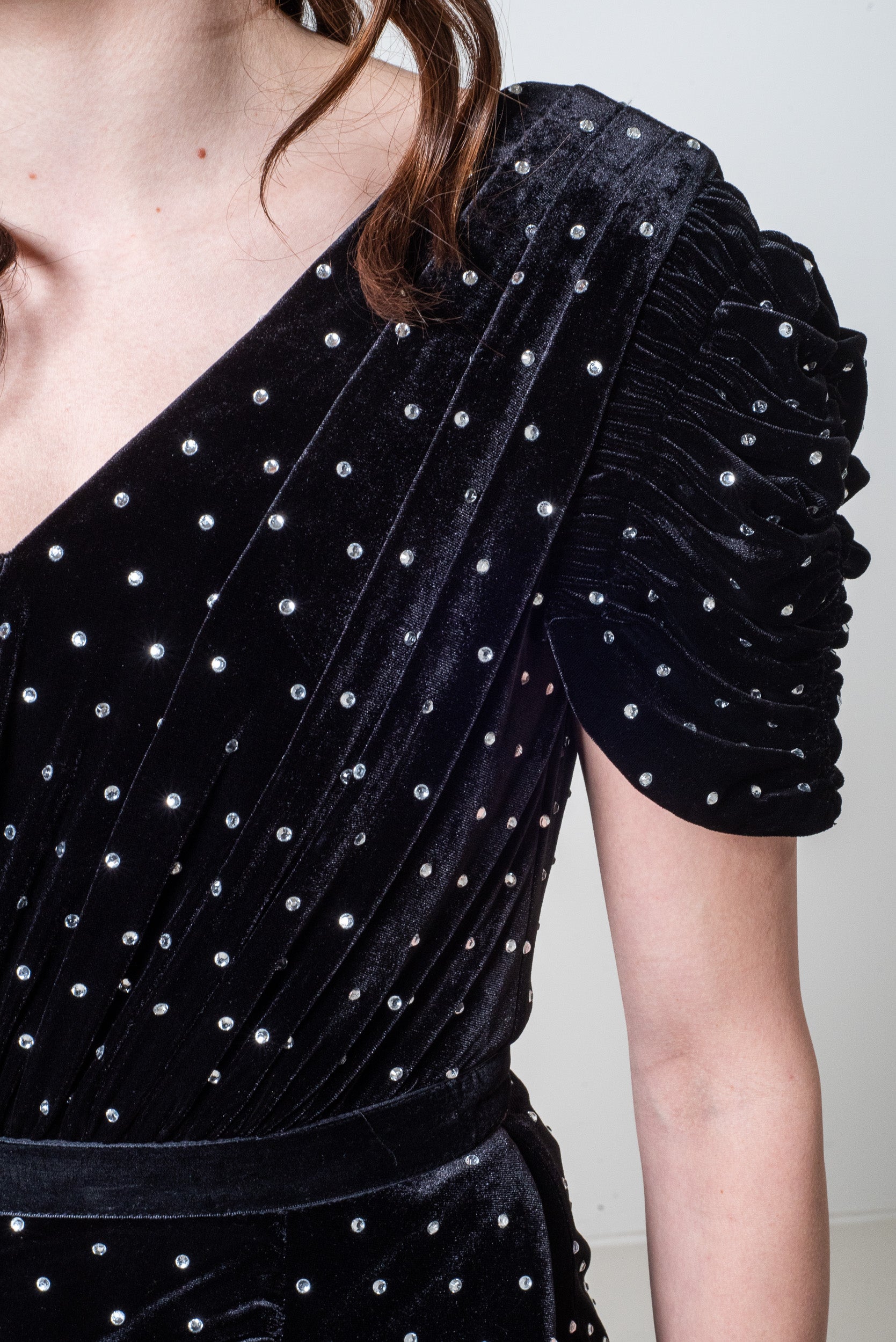 Velvet Rhine Stone Puff One Shoulder Dress