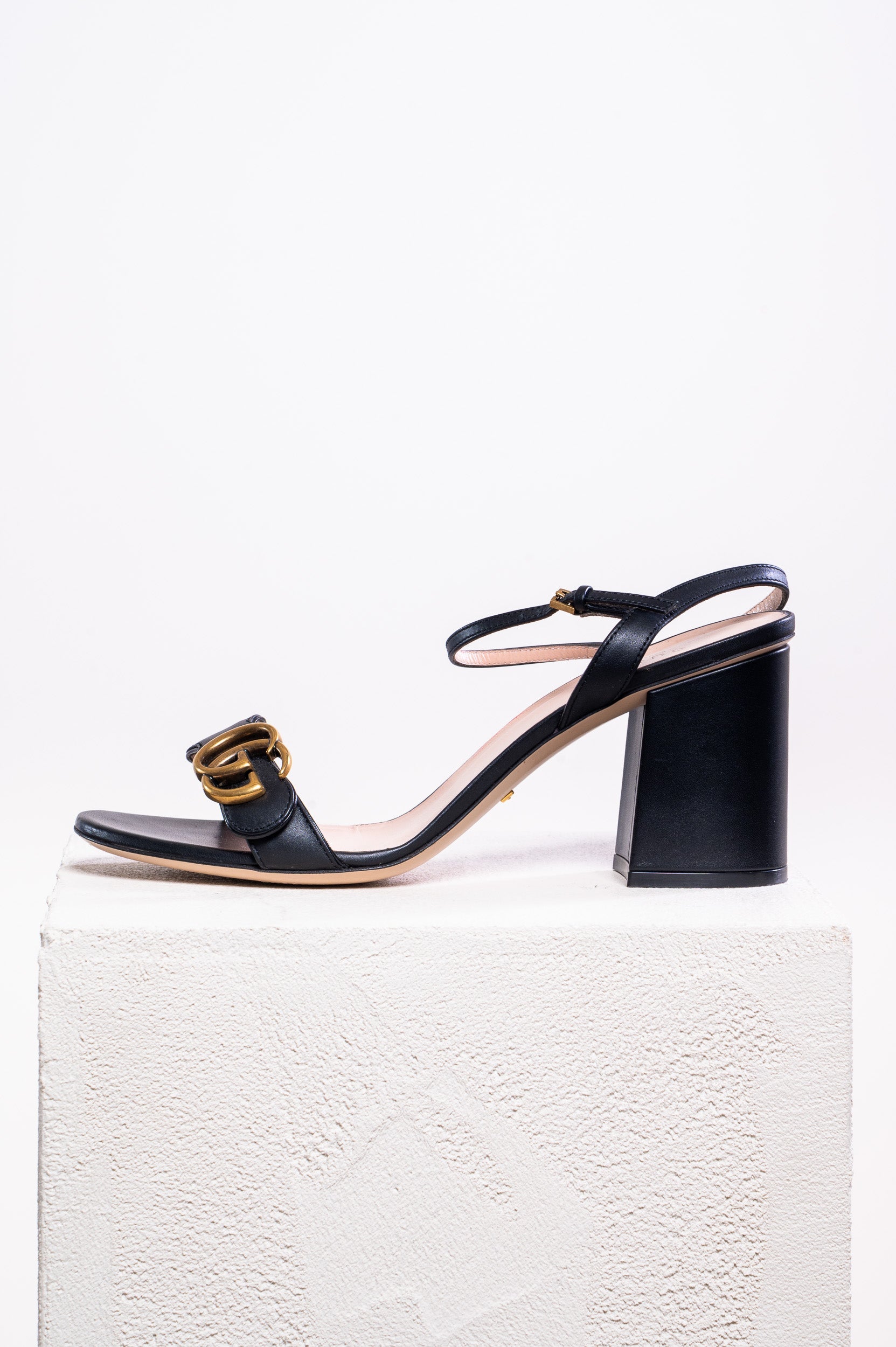 Black Marmont Leather GG Block Heel Sandals