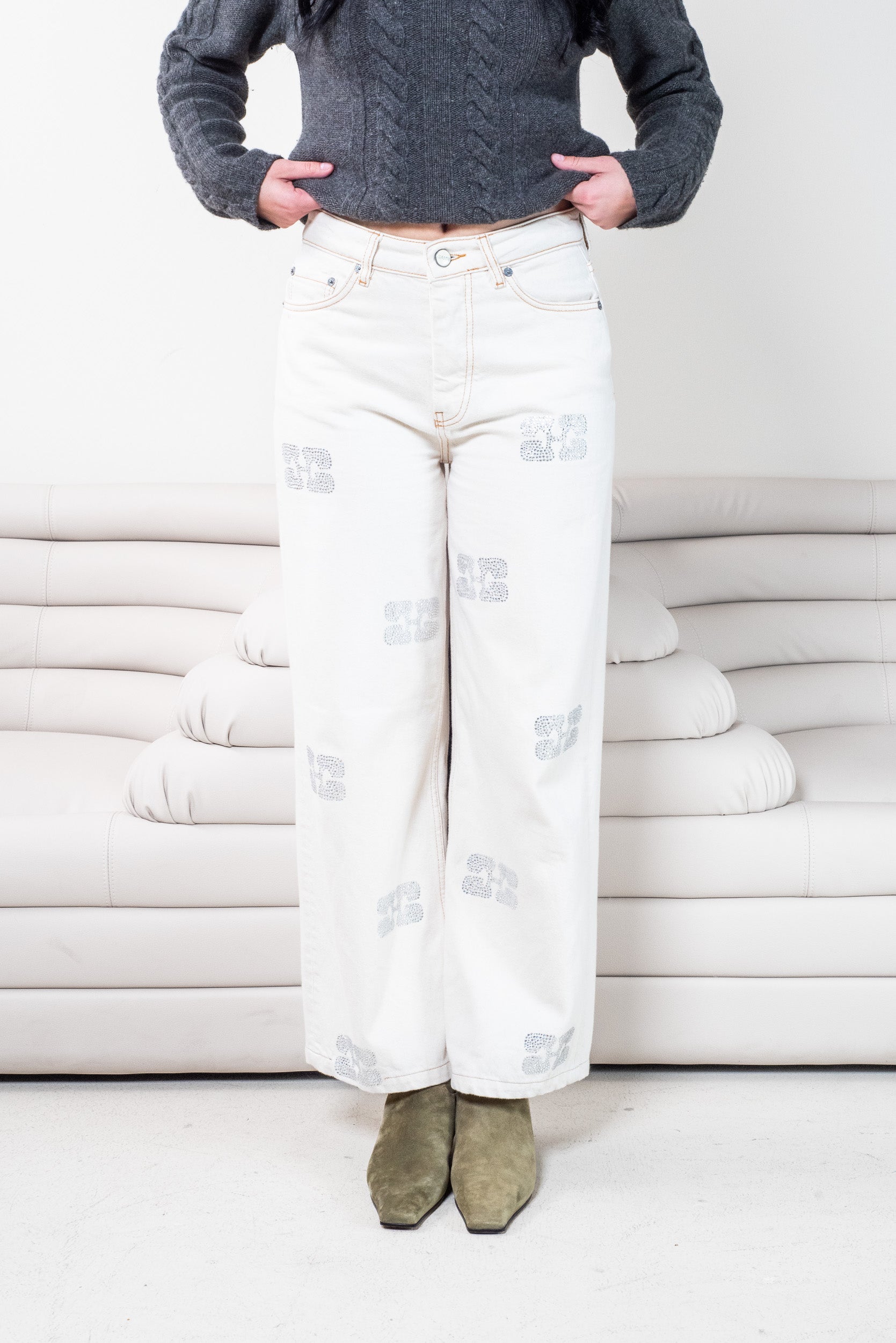 Cream Sparkle Logo Wide Leg Jeans