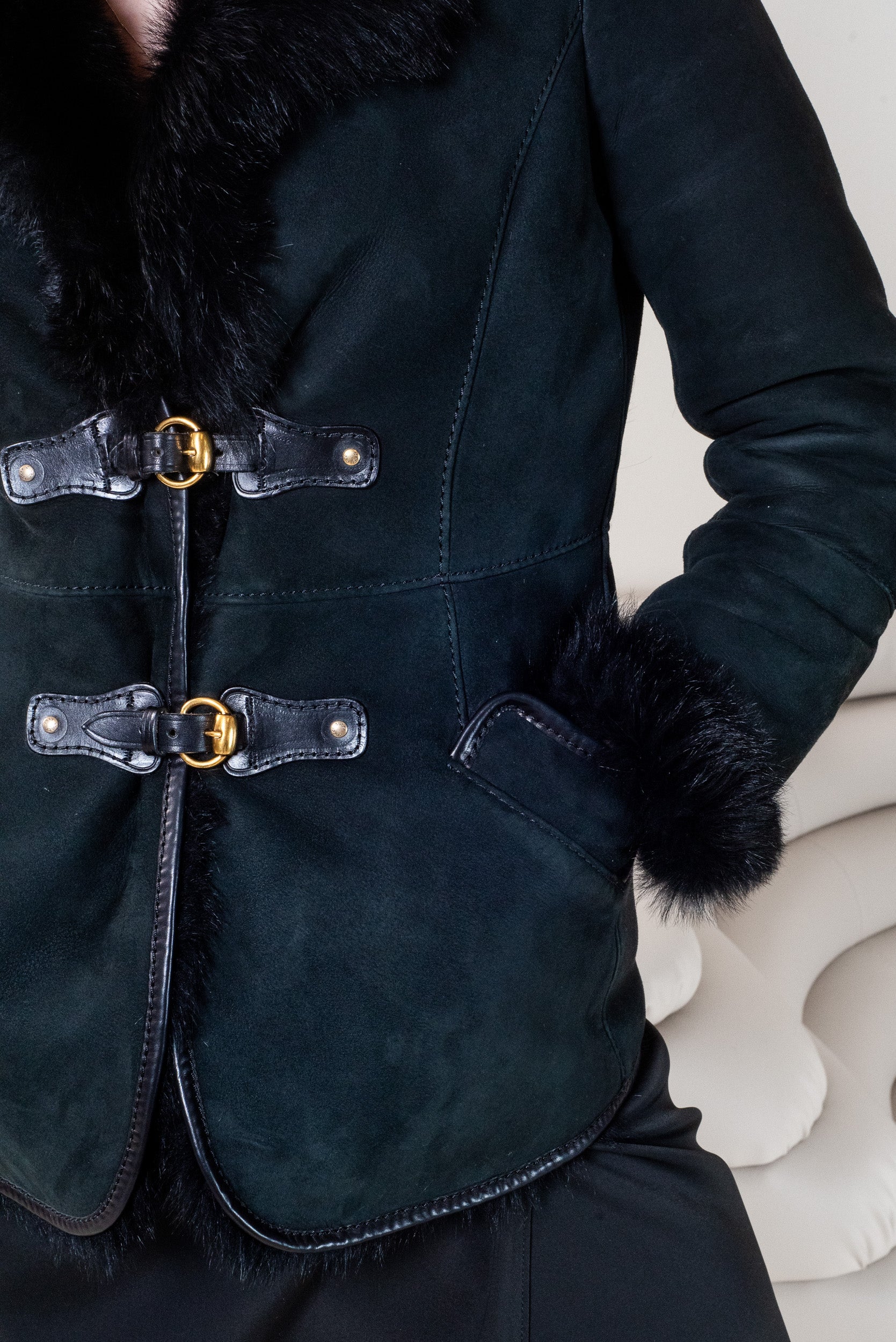 Vintage Black Fur Buckle Jacket