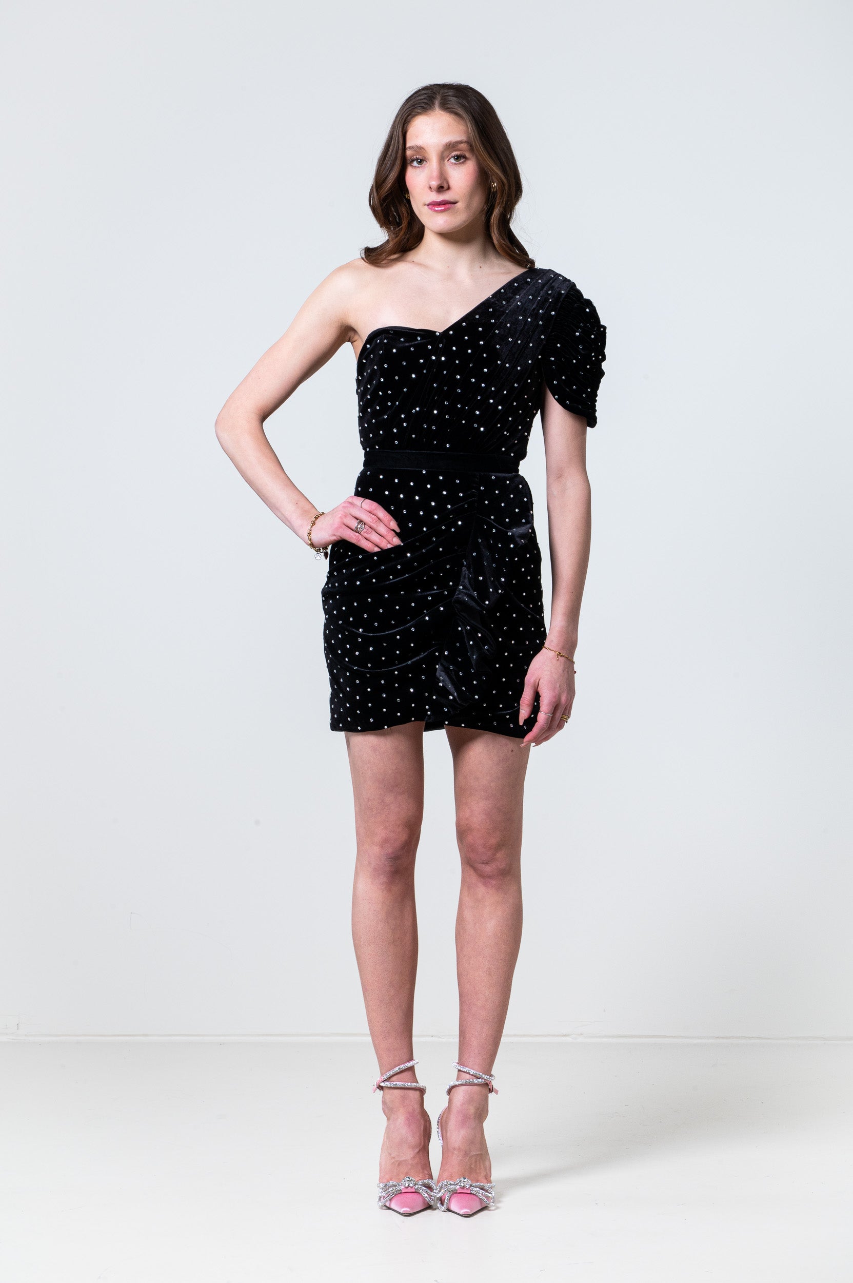 Velvet Rhine Stone Puff One Shoulder Dress