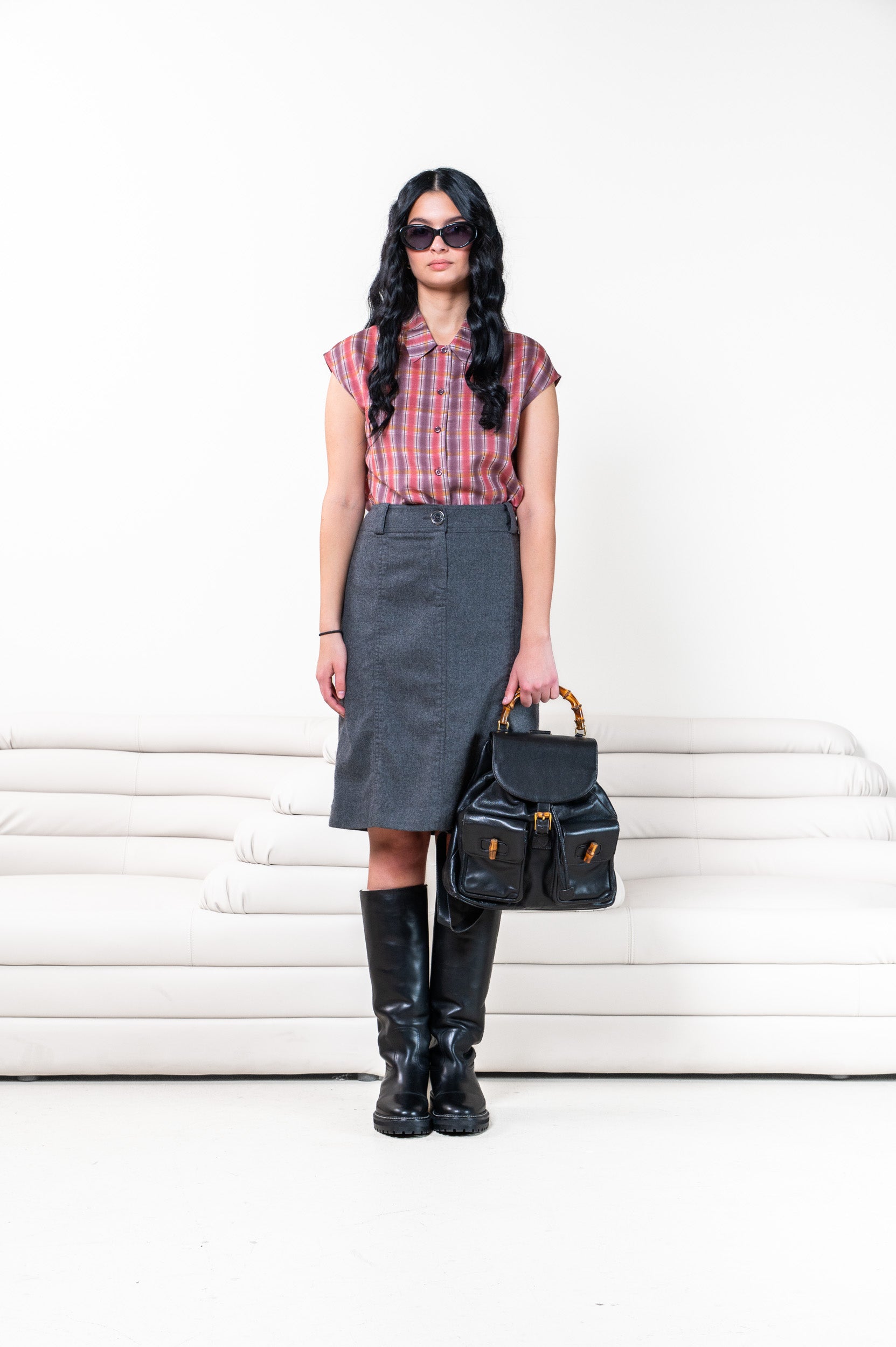 Sleeveless Plaid Silk Red Shirt