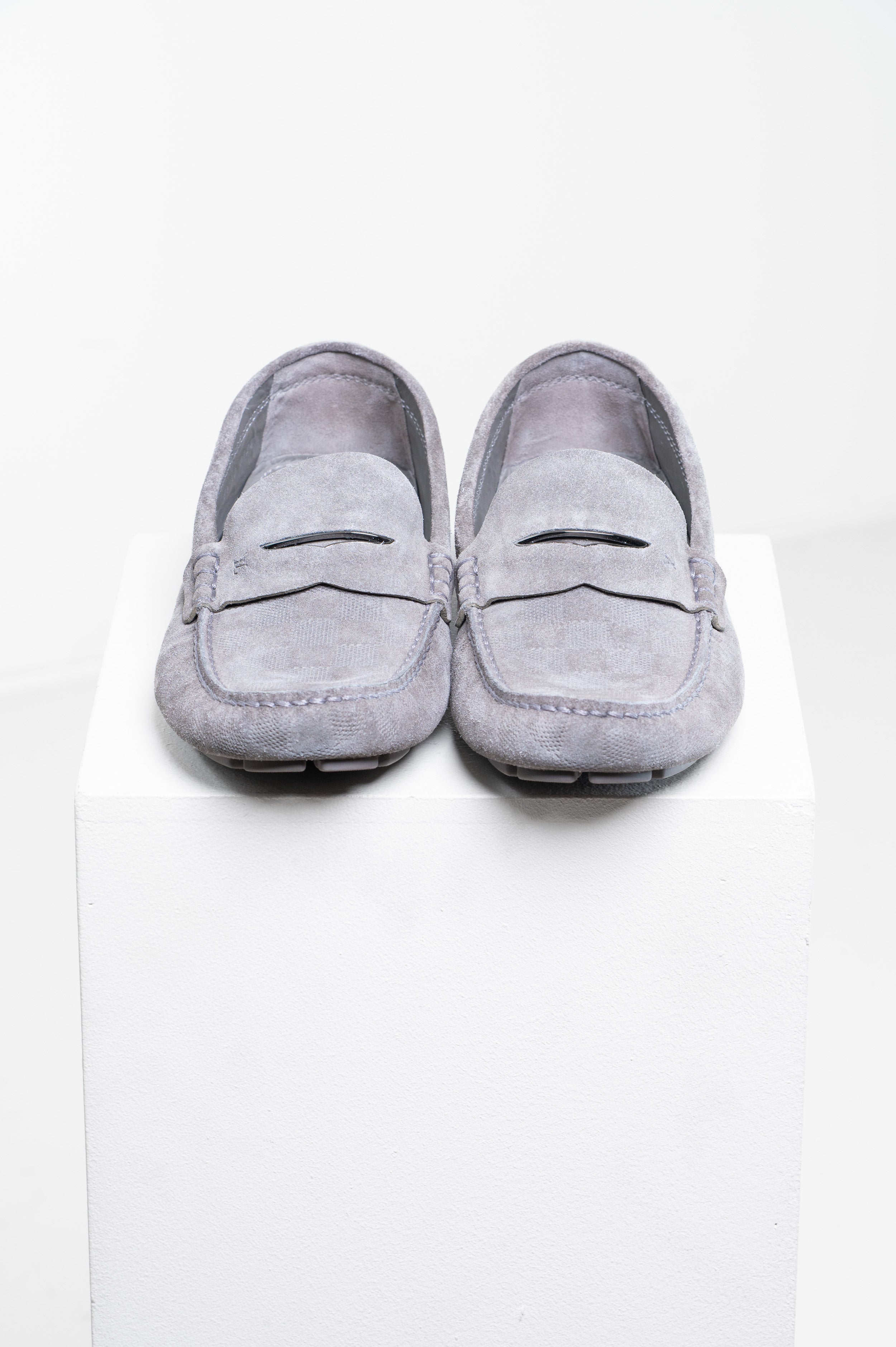 Grey Suede Damier Moccasin Loafers
