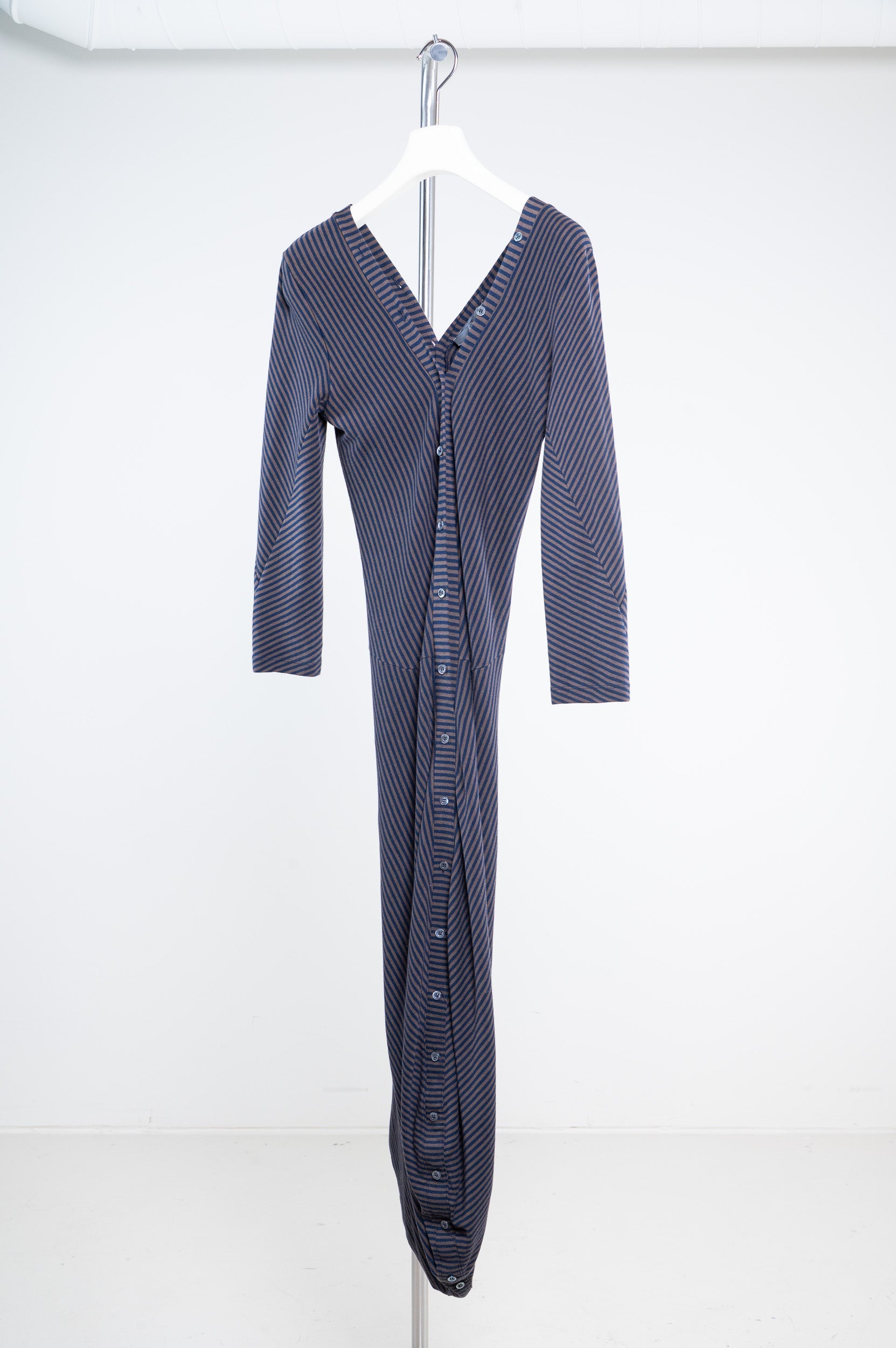 BLUE BROWN STRIPED KNIT BUTTON DRESS