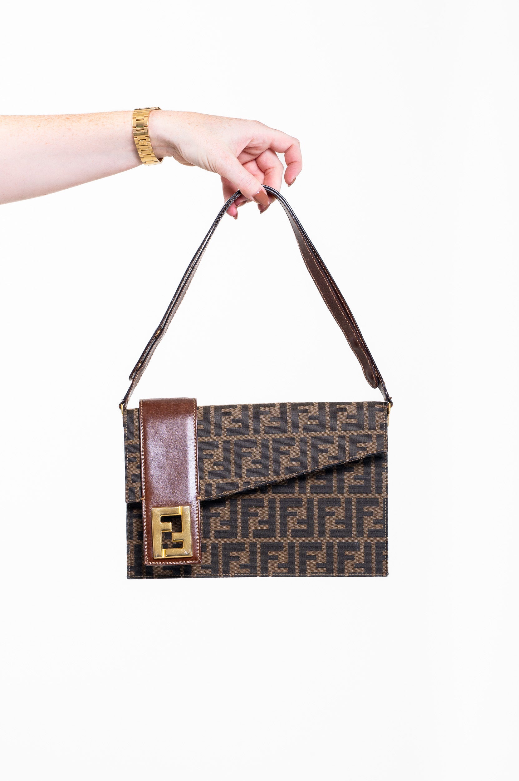 Vintage Brown Zucca Canvas Shoulder Bag with Gold Logo