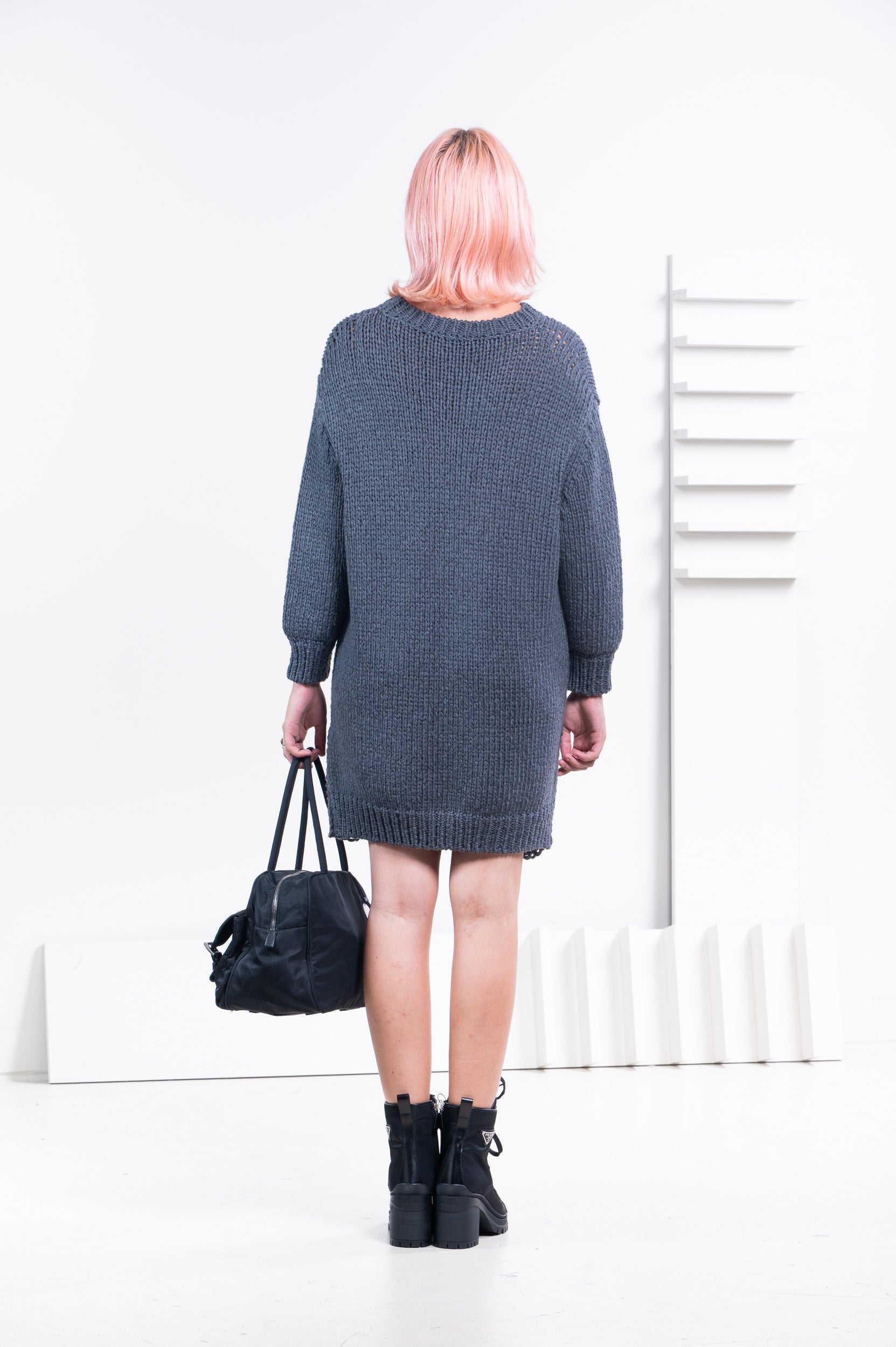 grey knit chunk sweater dress w/ crochet hem