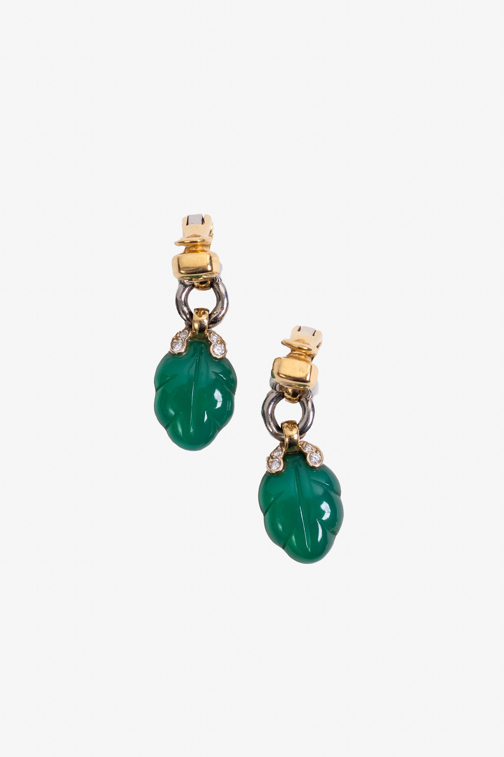 Carved Chrysoprase, Diamond + Gold Drop Clip-on Earrings