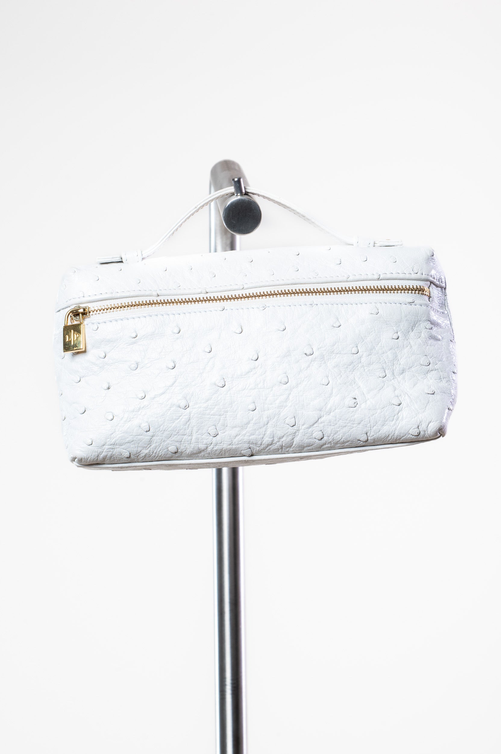 White Ostrich Top Handle Zip Bag
