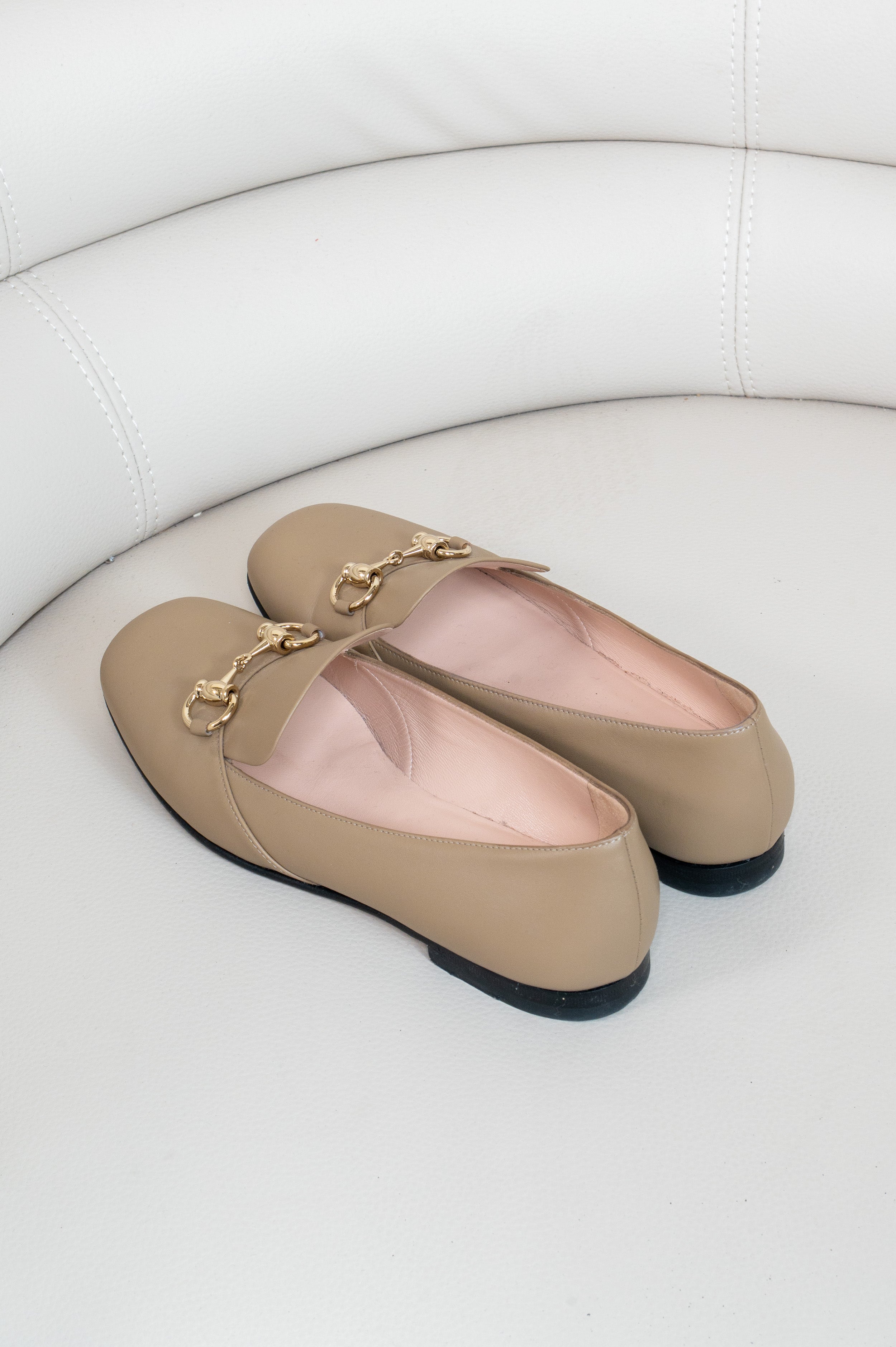Taupe Leather Horsebit Flats