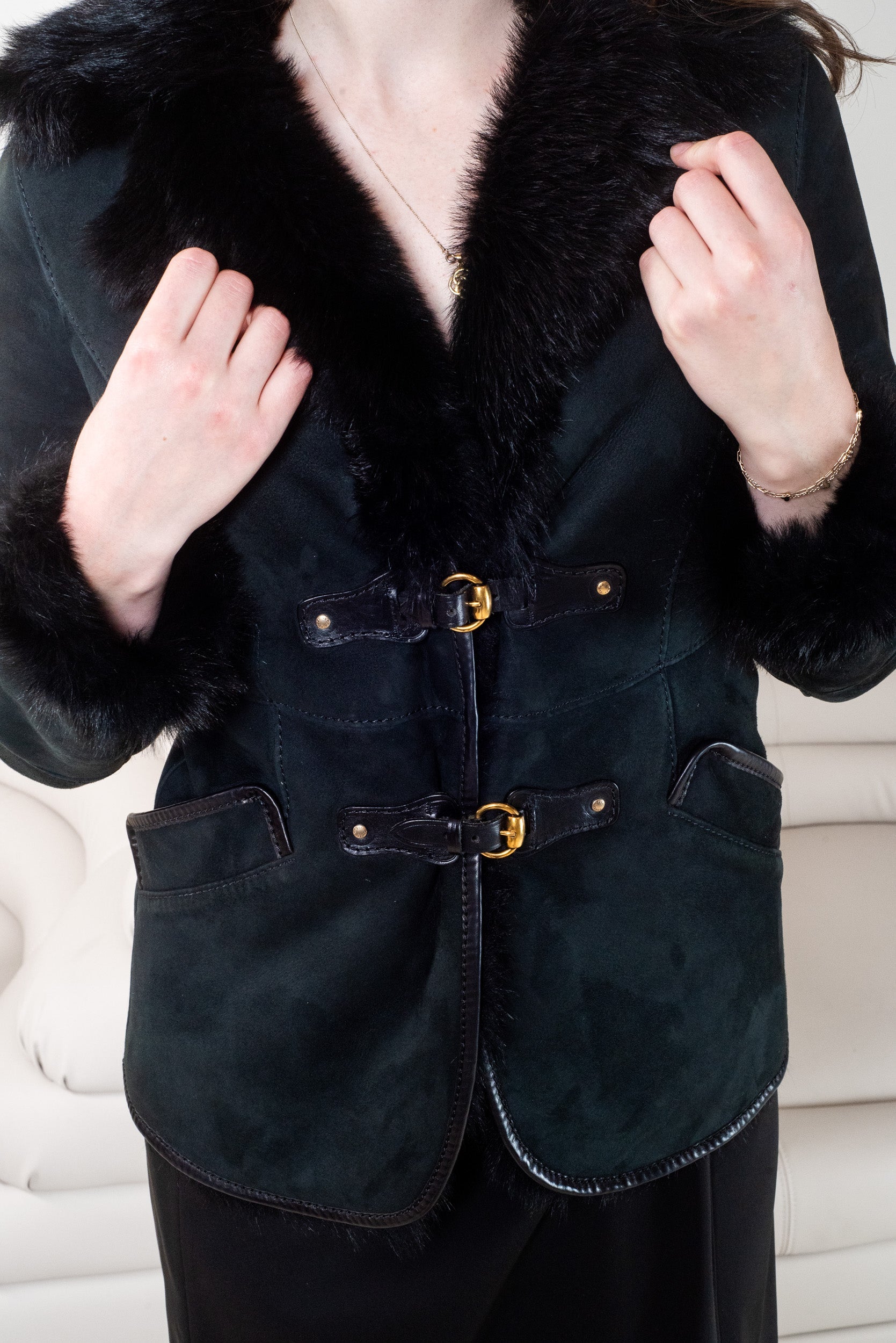 Vintage Black Fur Buckle Jacket