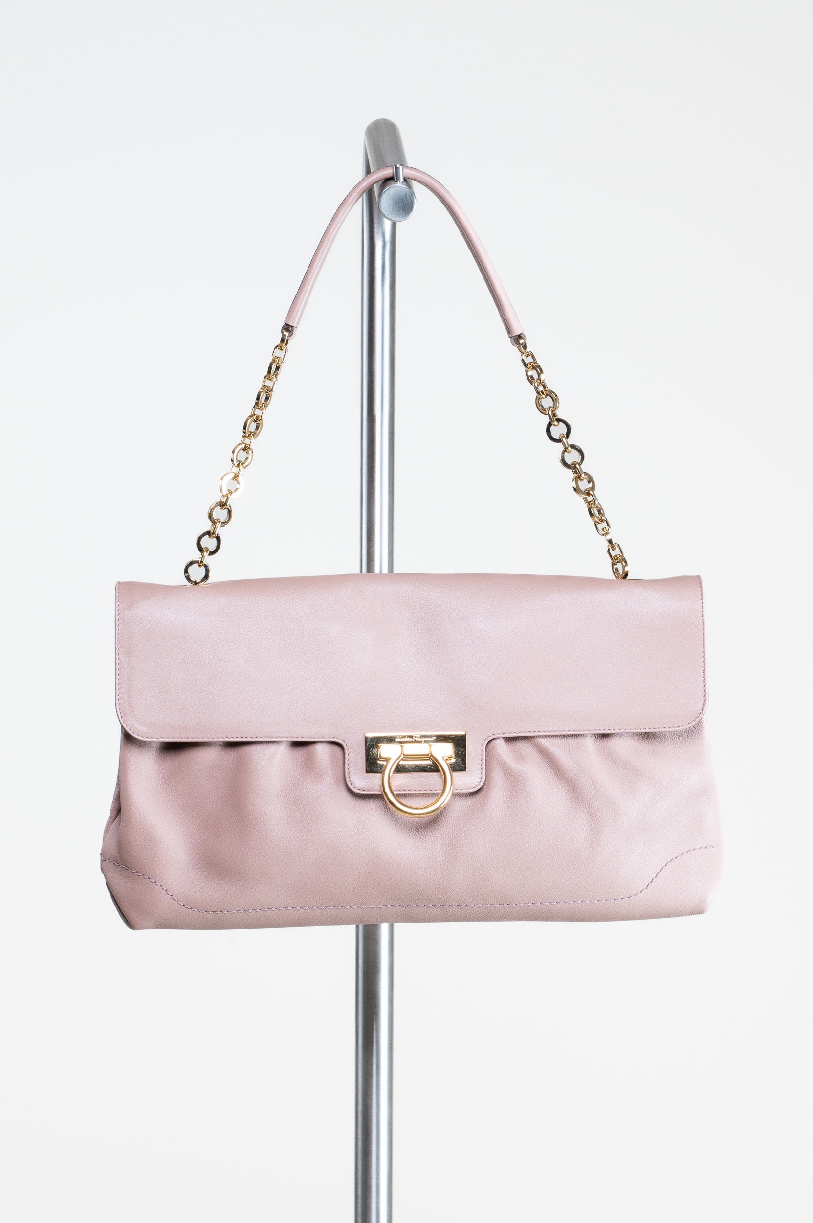 Nude Leather Gold Chain Shoulder Bag