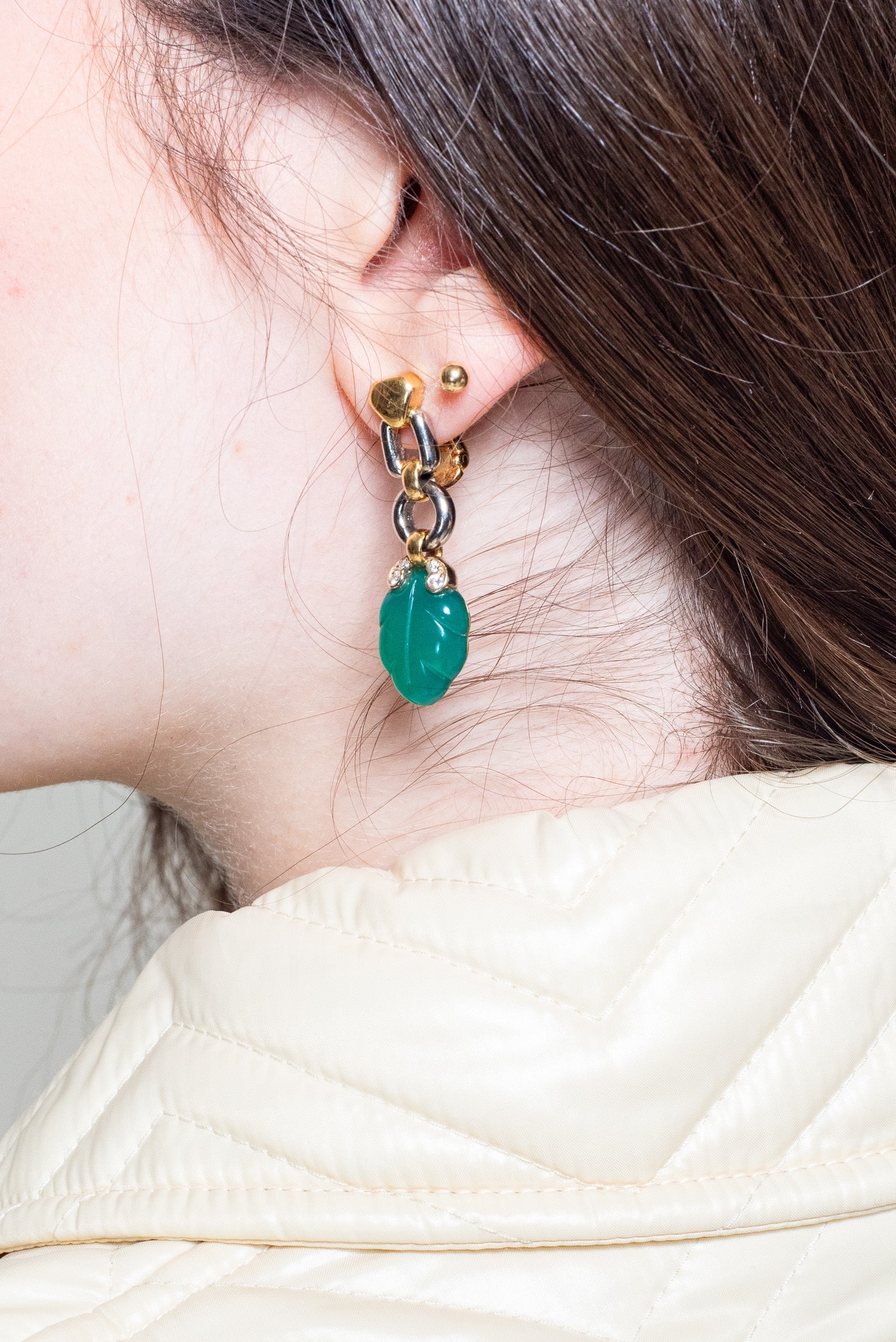 Carved Chrysoprase, Diamond + Gold Drop Clip-on Earrings