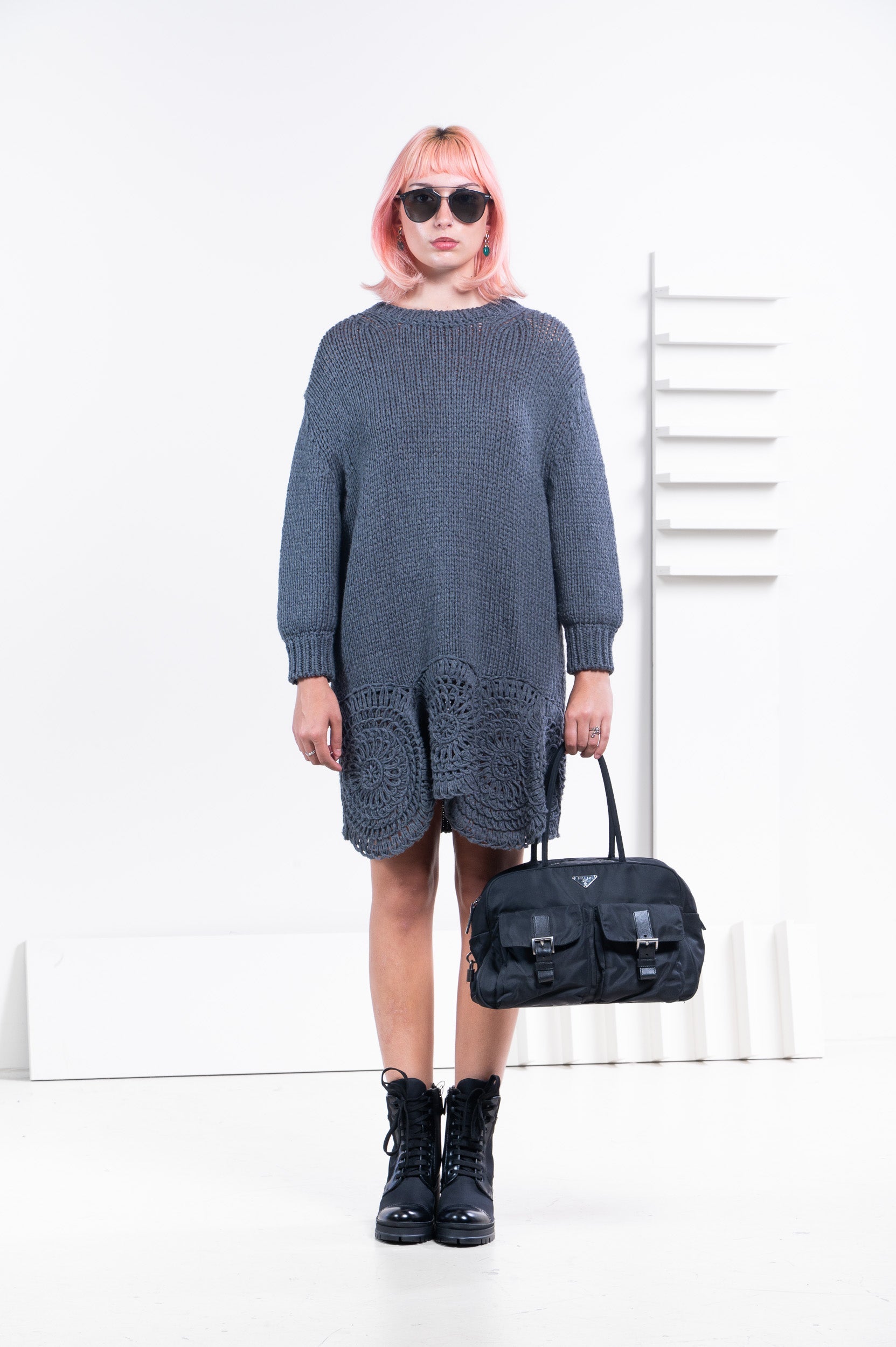 grey knit chunk sweater dress w/ crochet hem