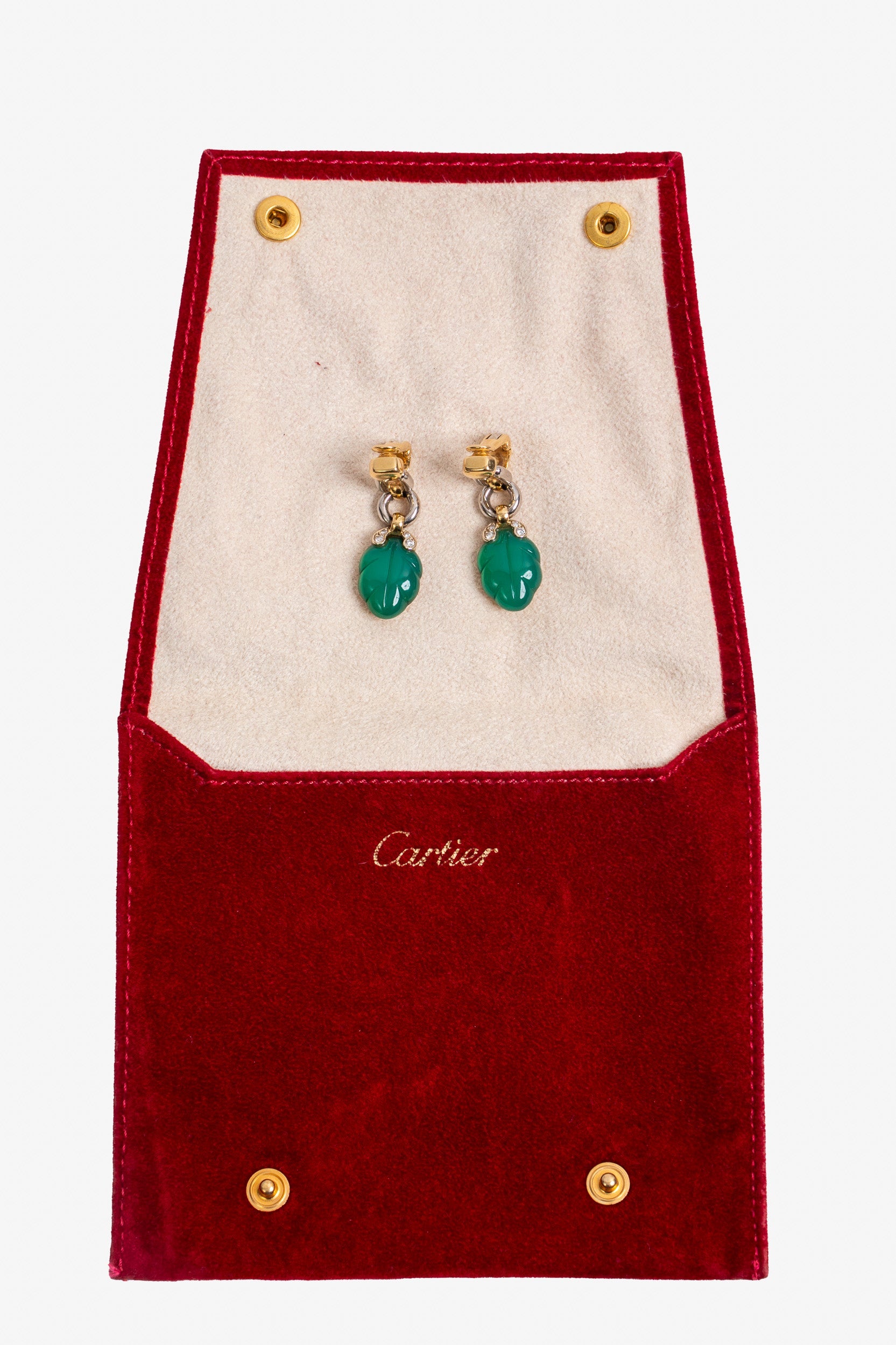 Carved Chrysoprase, Diamond + Gold Drop Clip-on Earrings