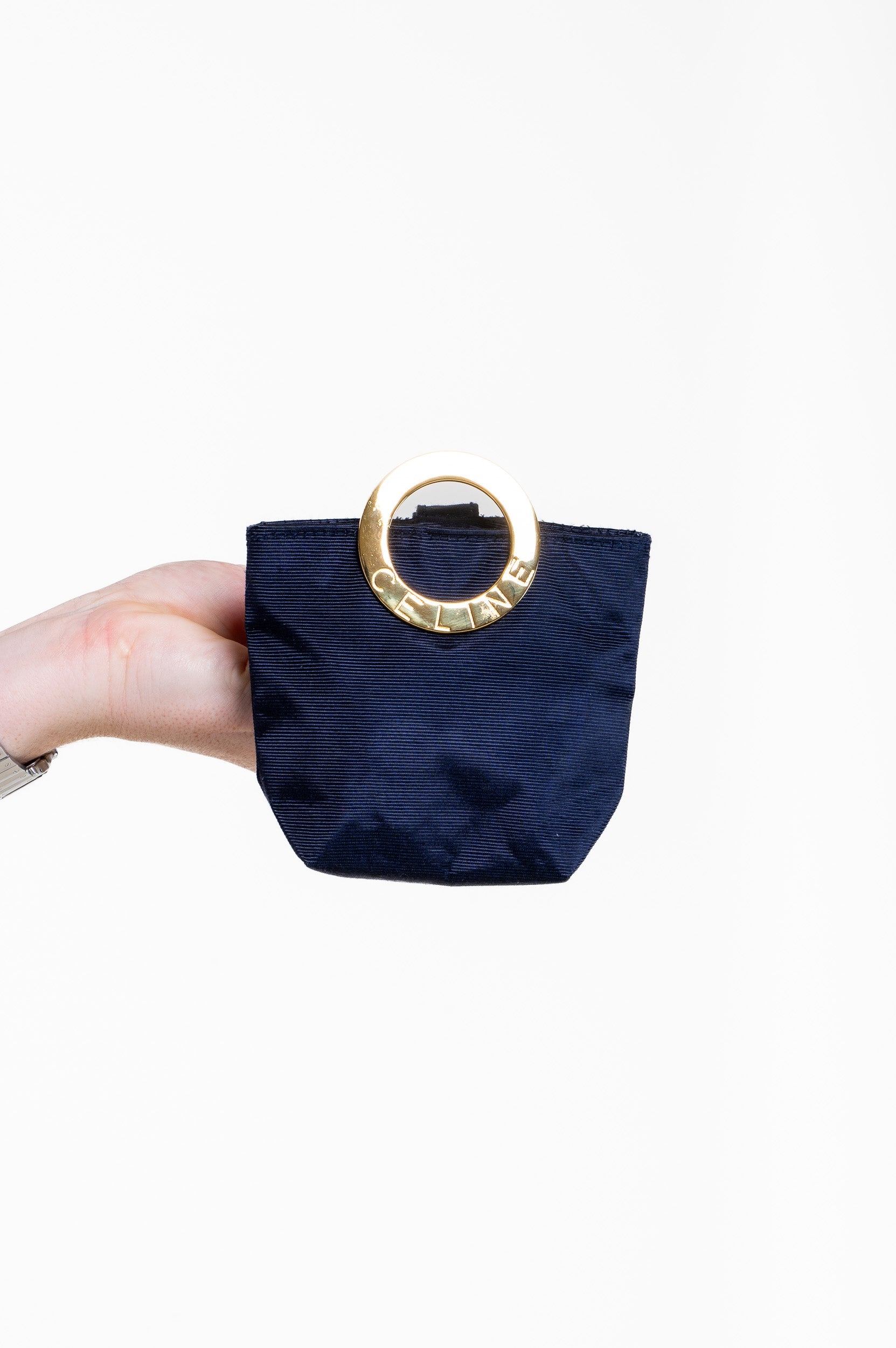 Circle Nylon Pouch Navy Gold Hardware Handbag