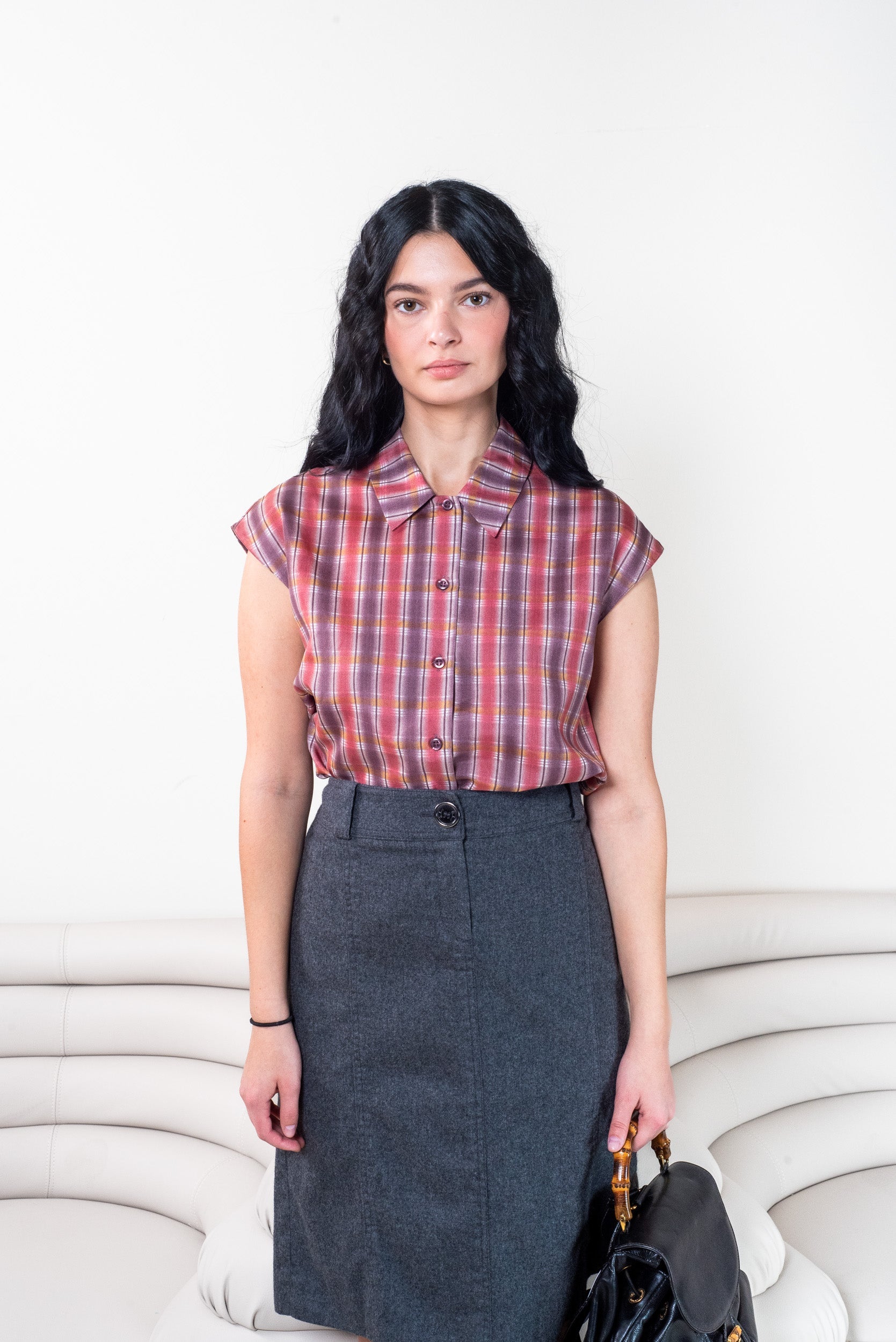 Sleeveless Plaid Silk Red Shirt