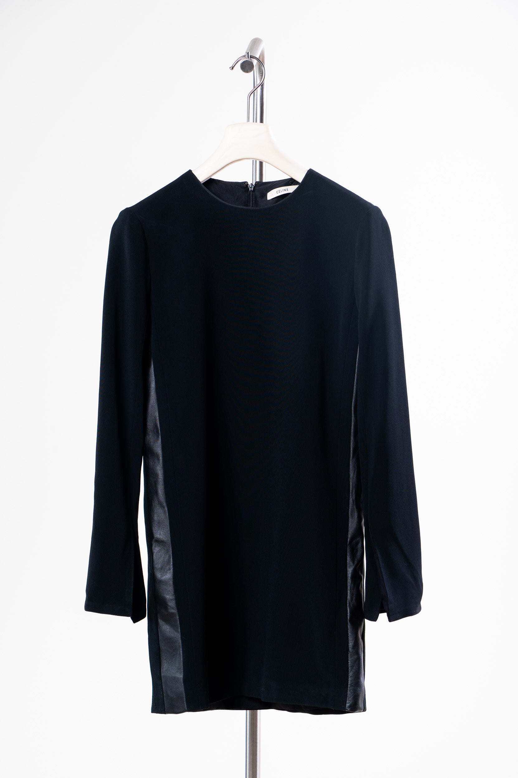 Black Long Sleeve Mini Dress w/ Leather Detail