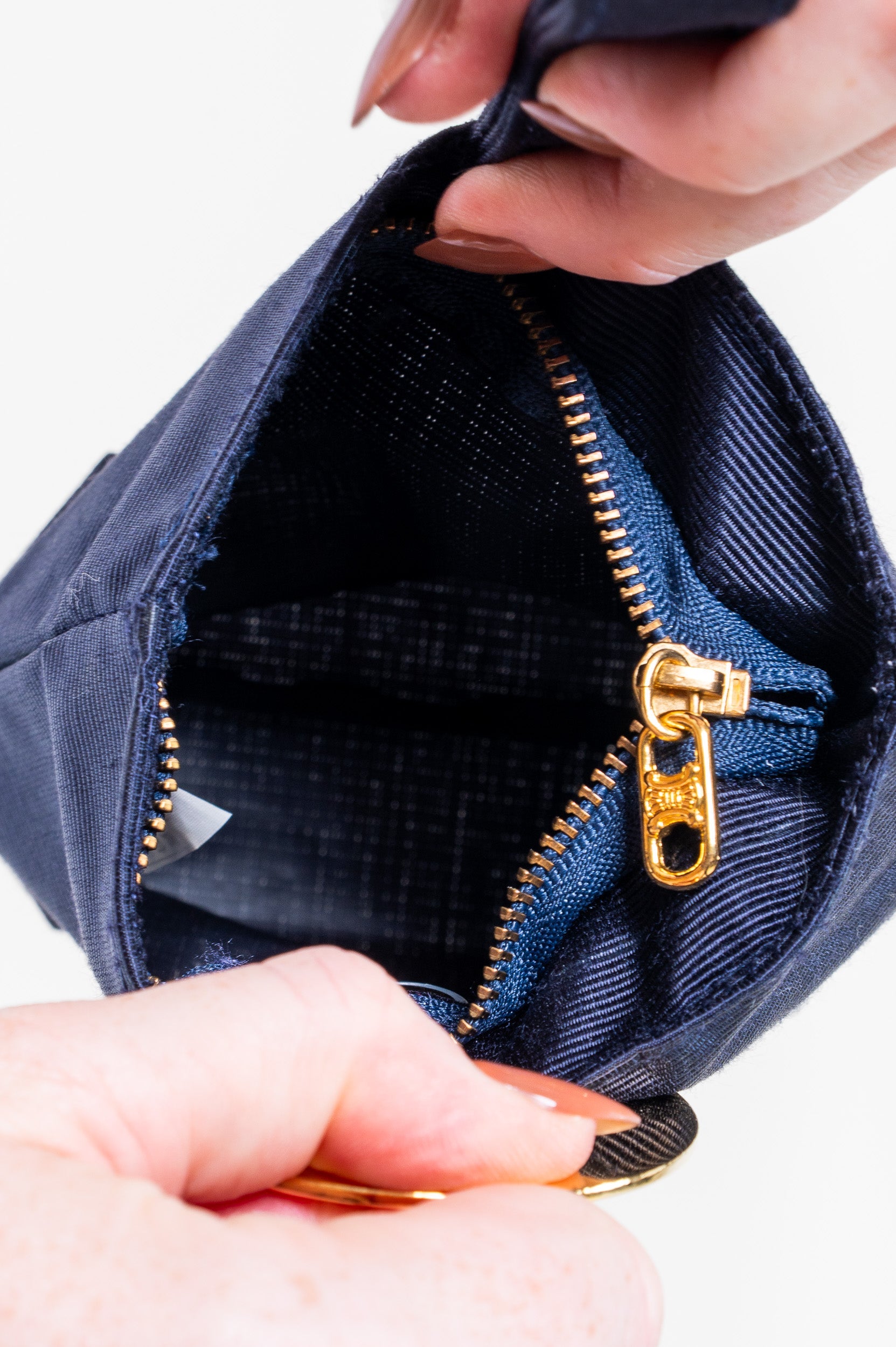 Circle Nylon Pouch Navy Gold Hardware Handbag