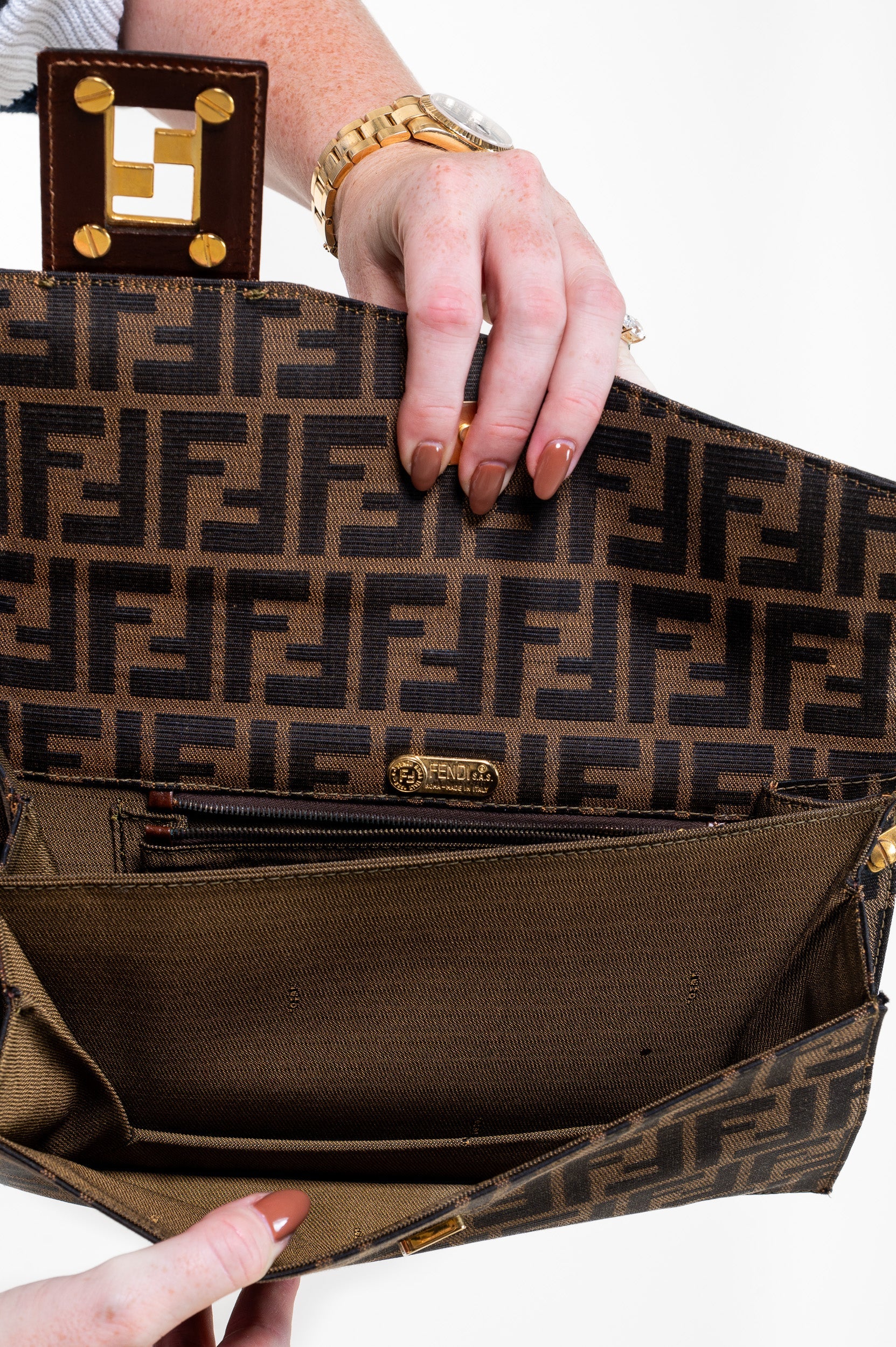Vintage Brown Zucca Canvas Shoulder Bag with Gold Logo
