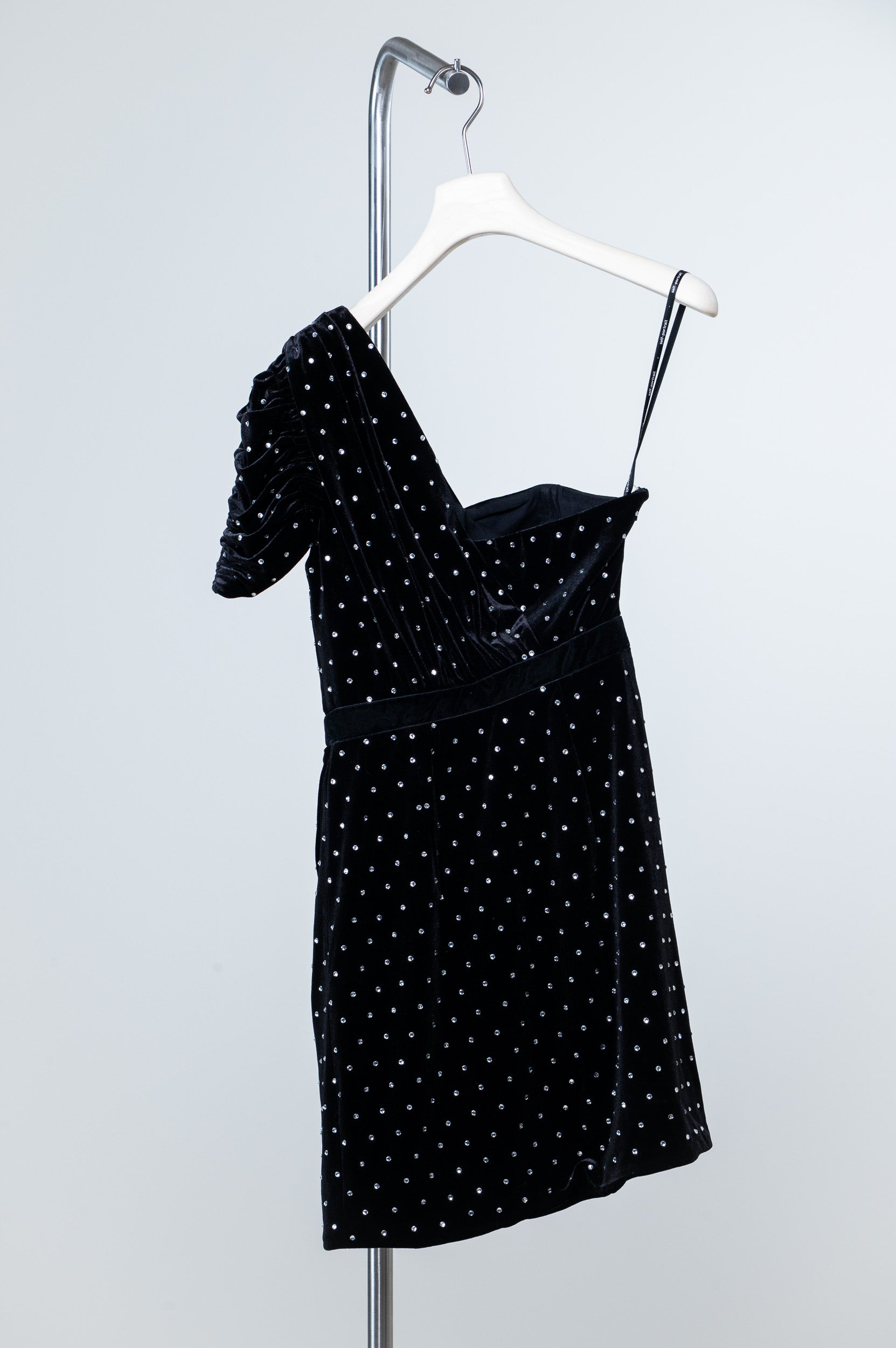 Velvet Rhine Stone Puff One Shoulder Dress