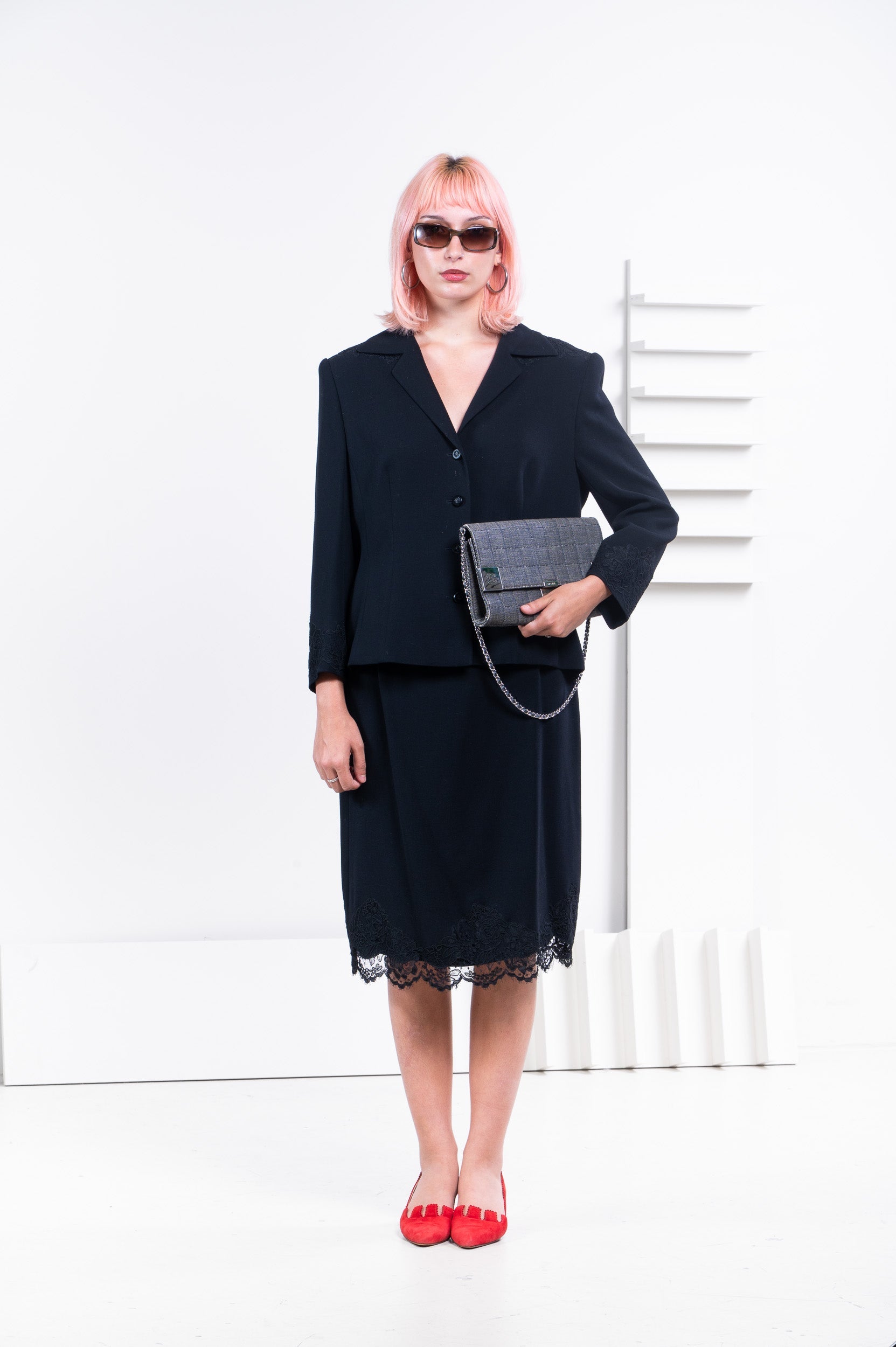 Black Wool Skirt with Lace Detailing