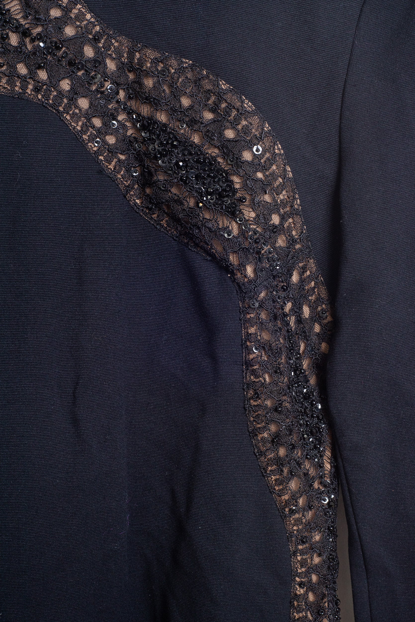 Black Long Sleeve Dress With Beaded Lace Detail Viscose/polyamid