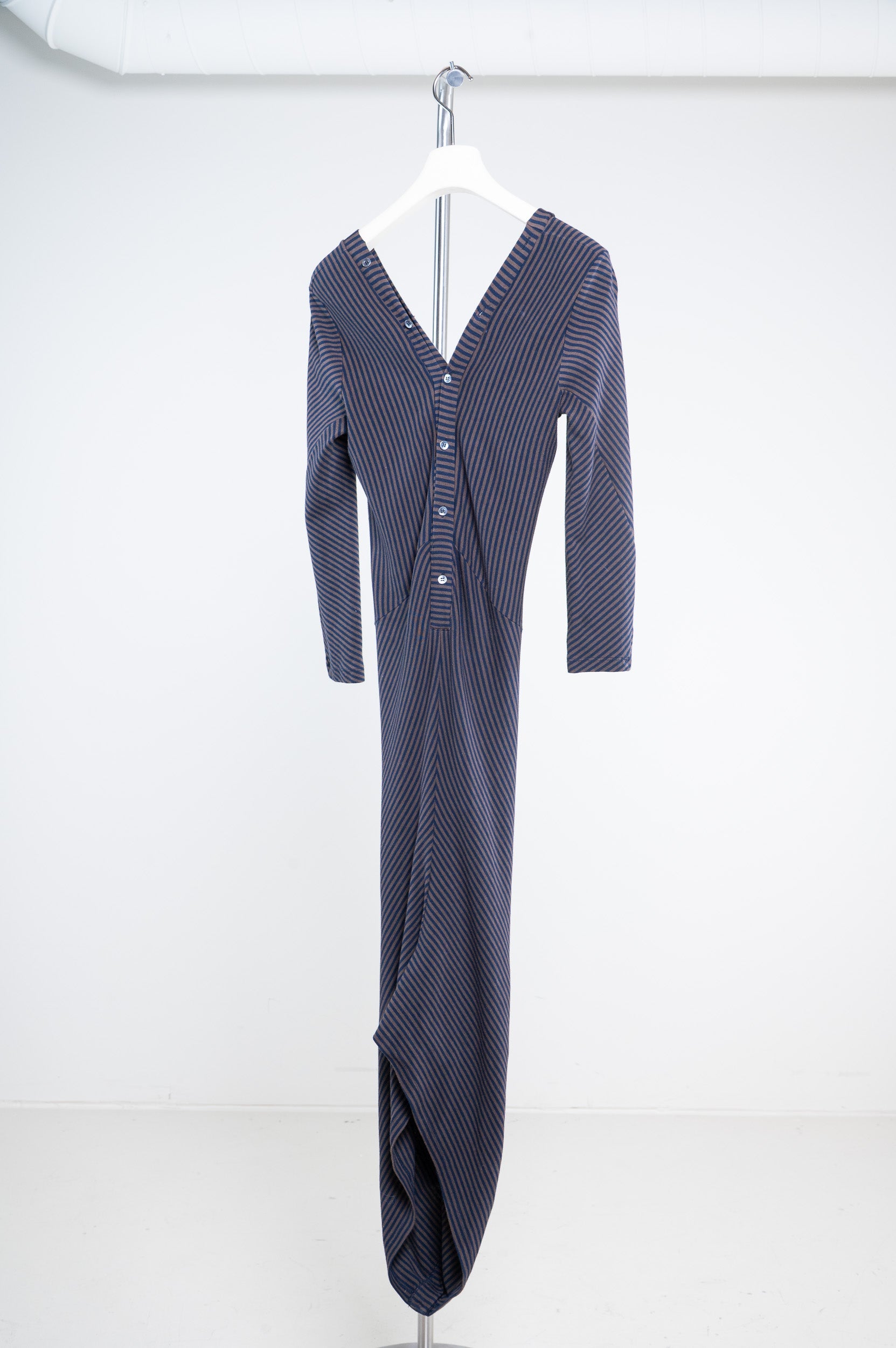 BLUE BROWN STRIPED KNIT BUTTON DRESS