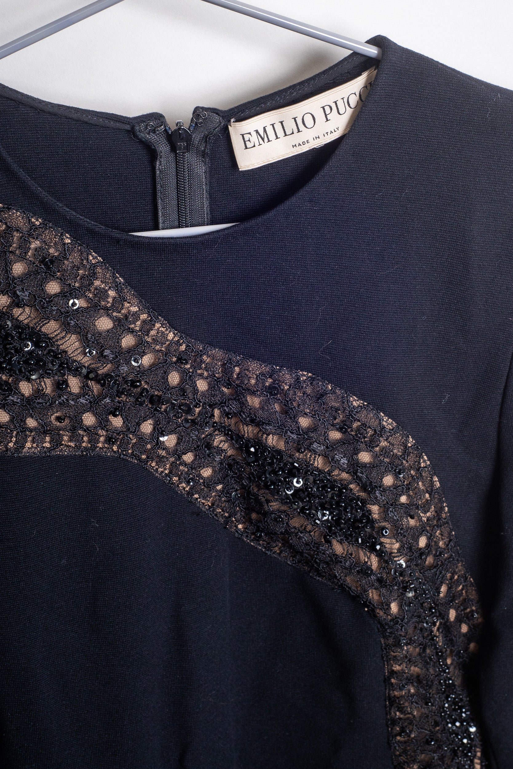 Black Long Sleeve Dress With Beaded Lace Detail Viscose/polyamid