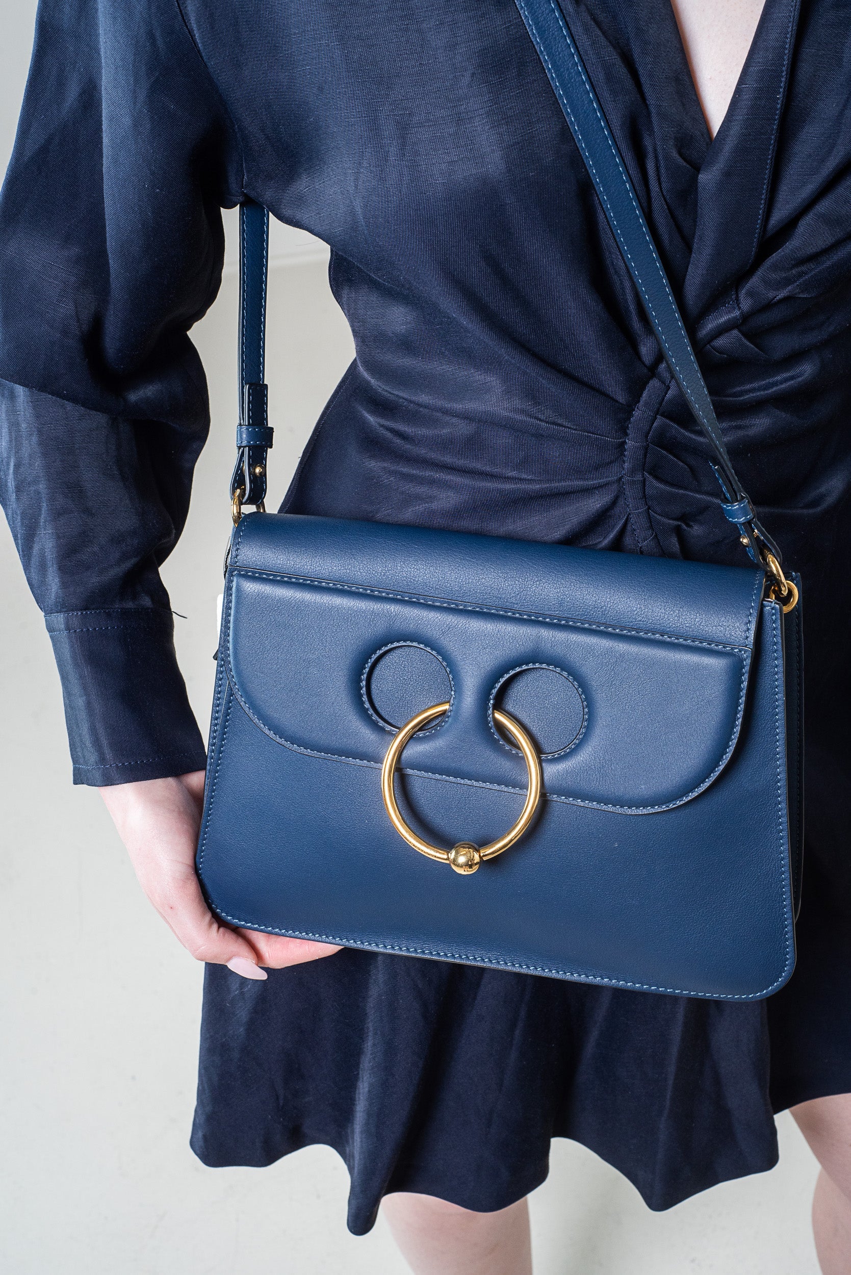 Navy Leather Flap Shoulder Bag