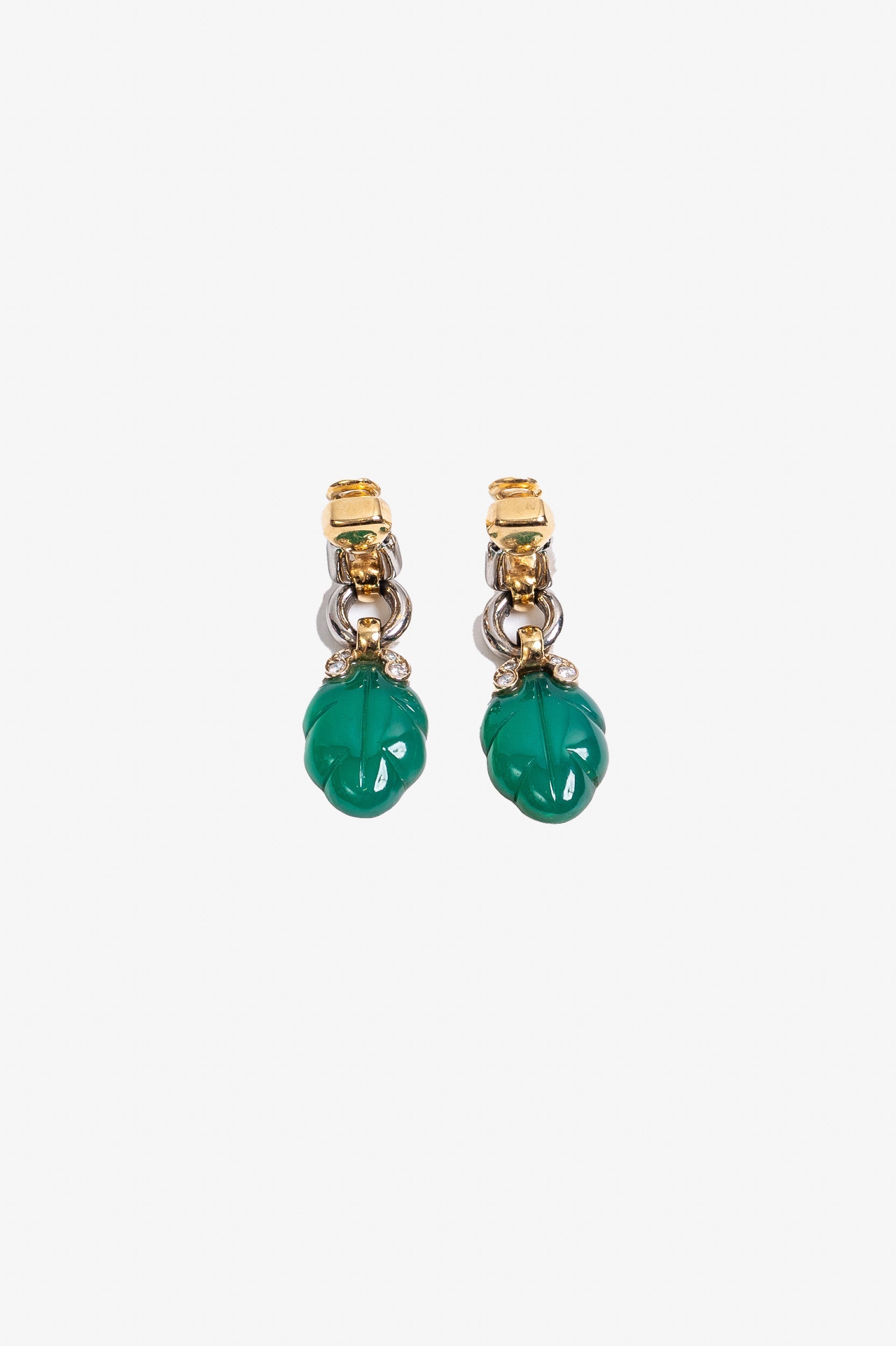 Carved Chrysoprase, Diamond + Gold Drop Clip-on Earrings