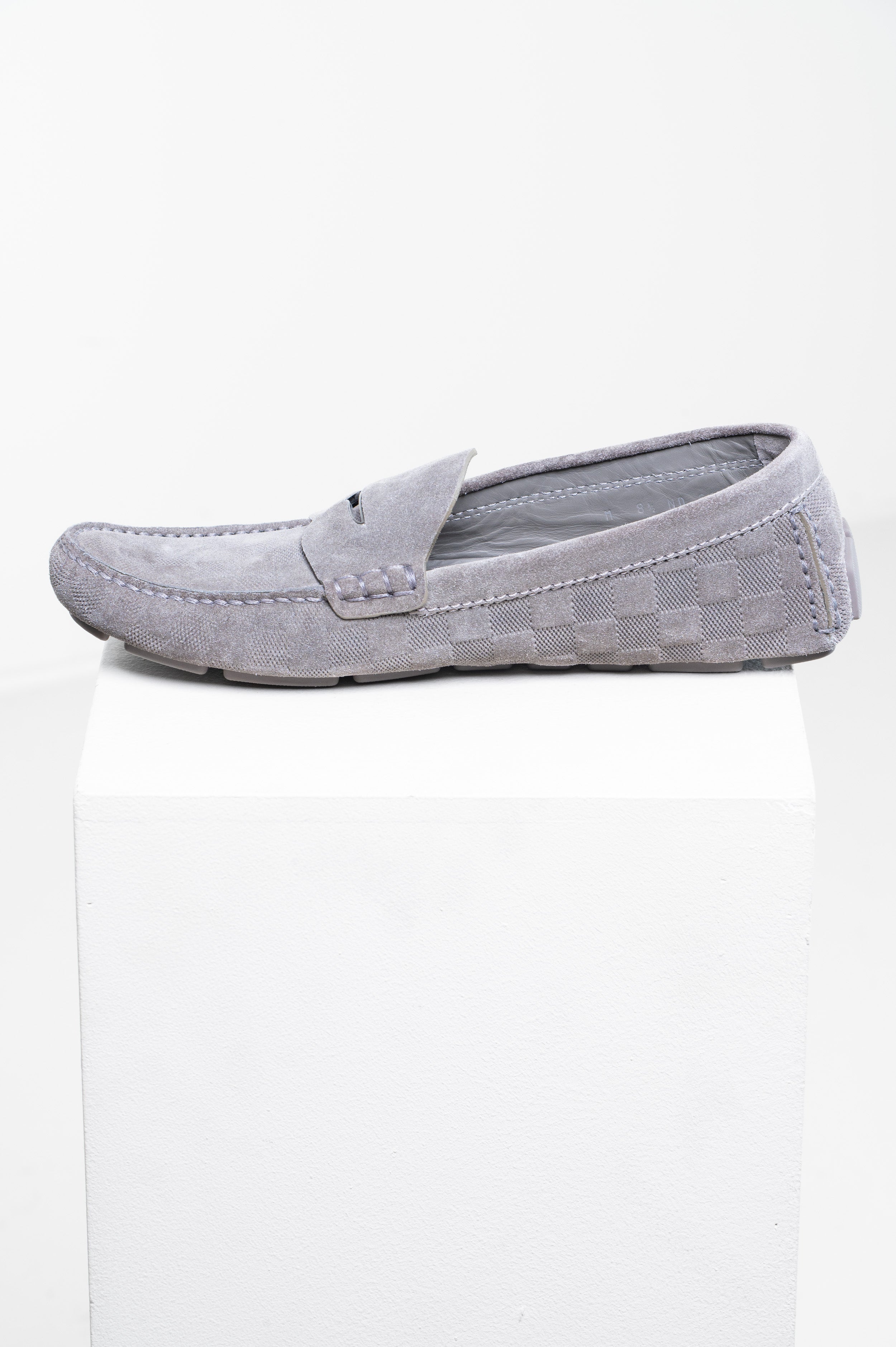 Grey Suede Damier Moccasin Loafers