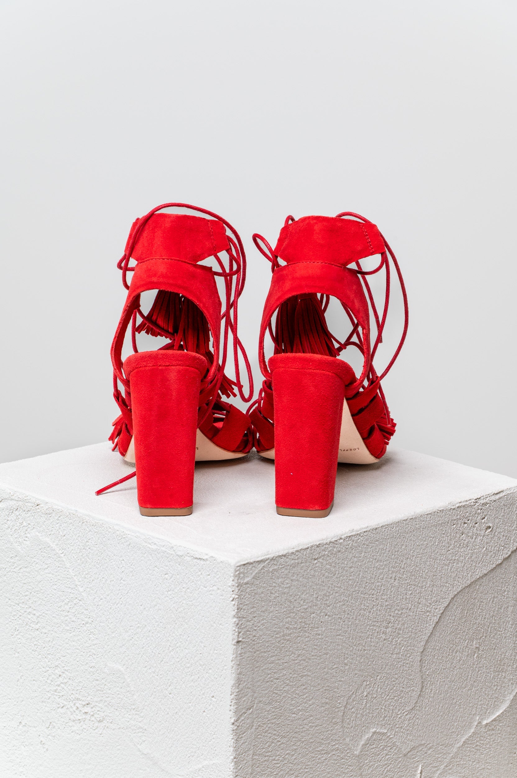 Red Fringe Tie Up Sandal Pumps Suede