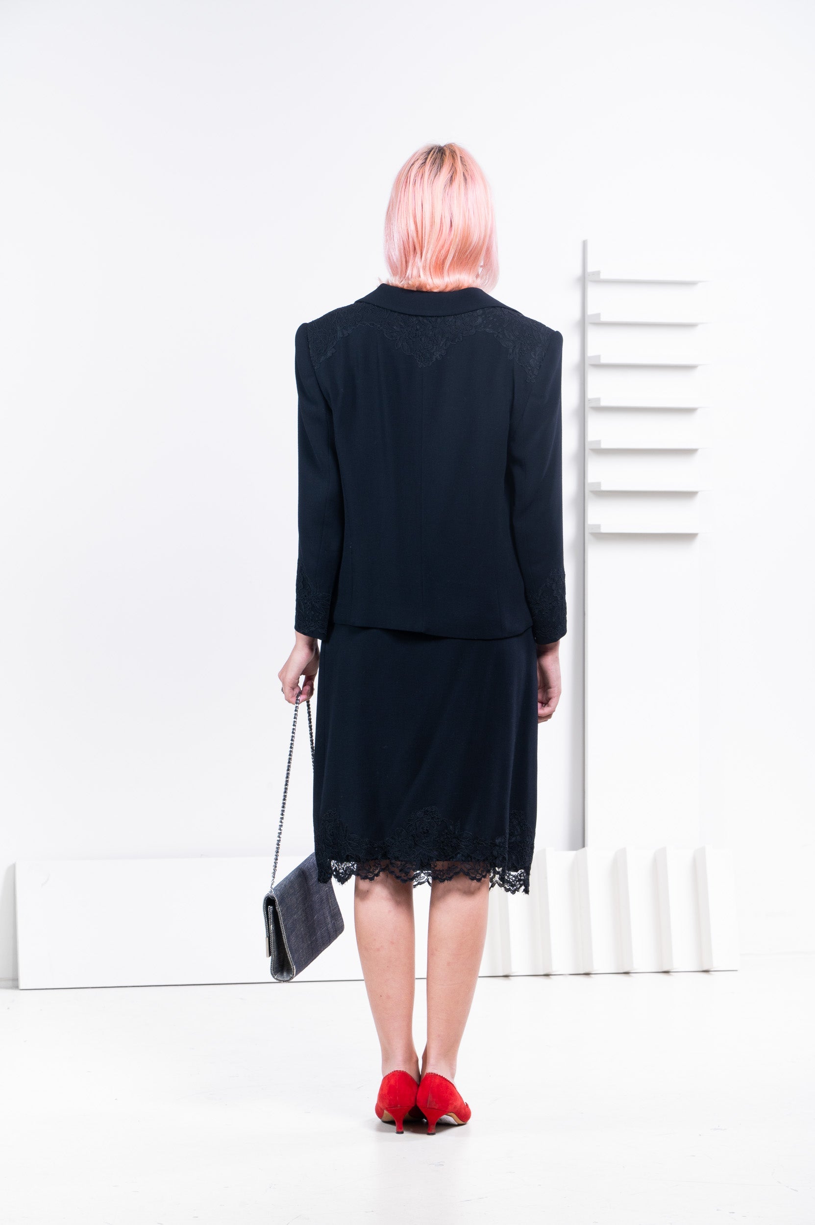 Black Wool Skirt with Lace Detailing