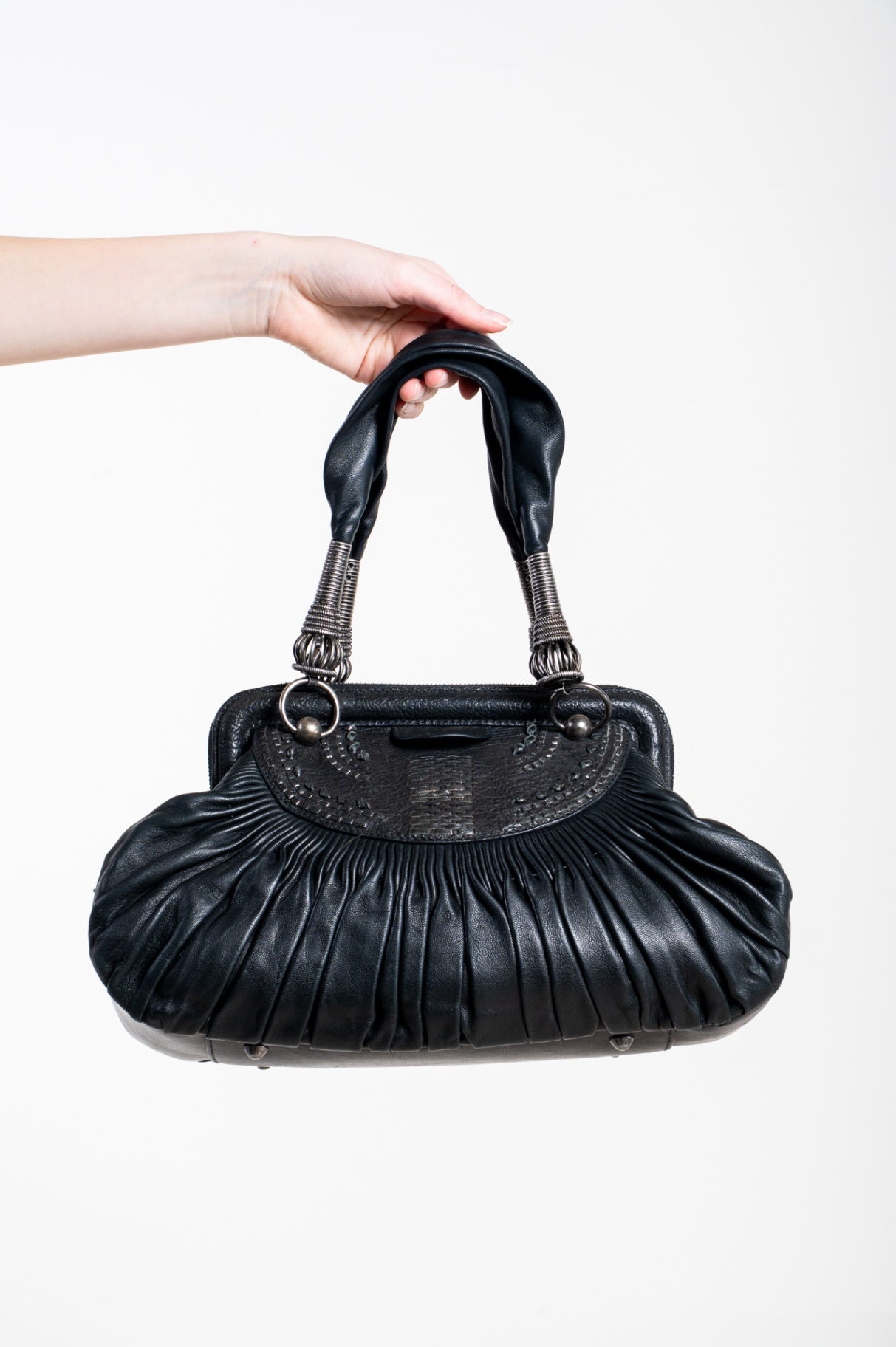 Vintage Black Plisse Basket Tote Bag