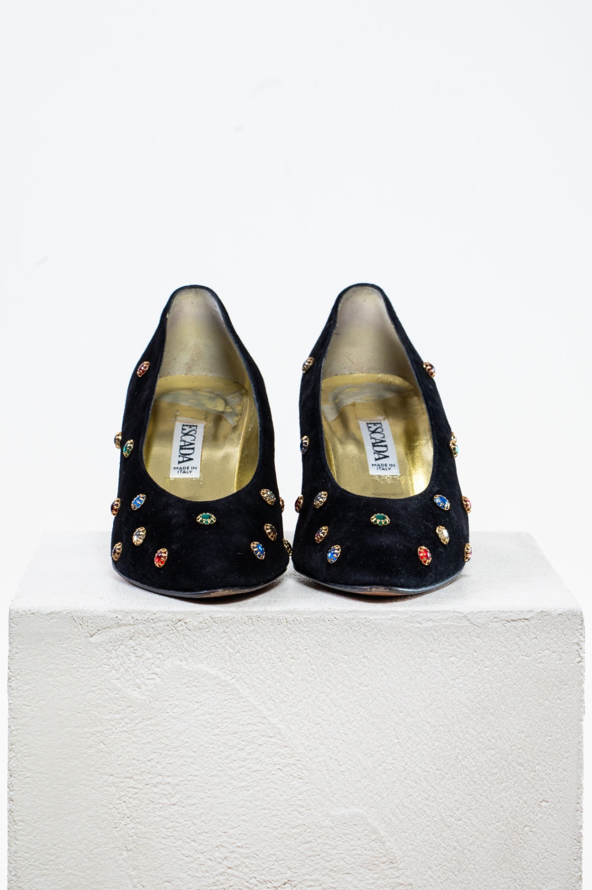 Vintage Black Suede & Gemstone Round Pointed Toe Heel