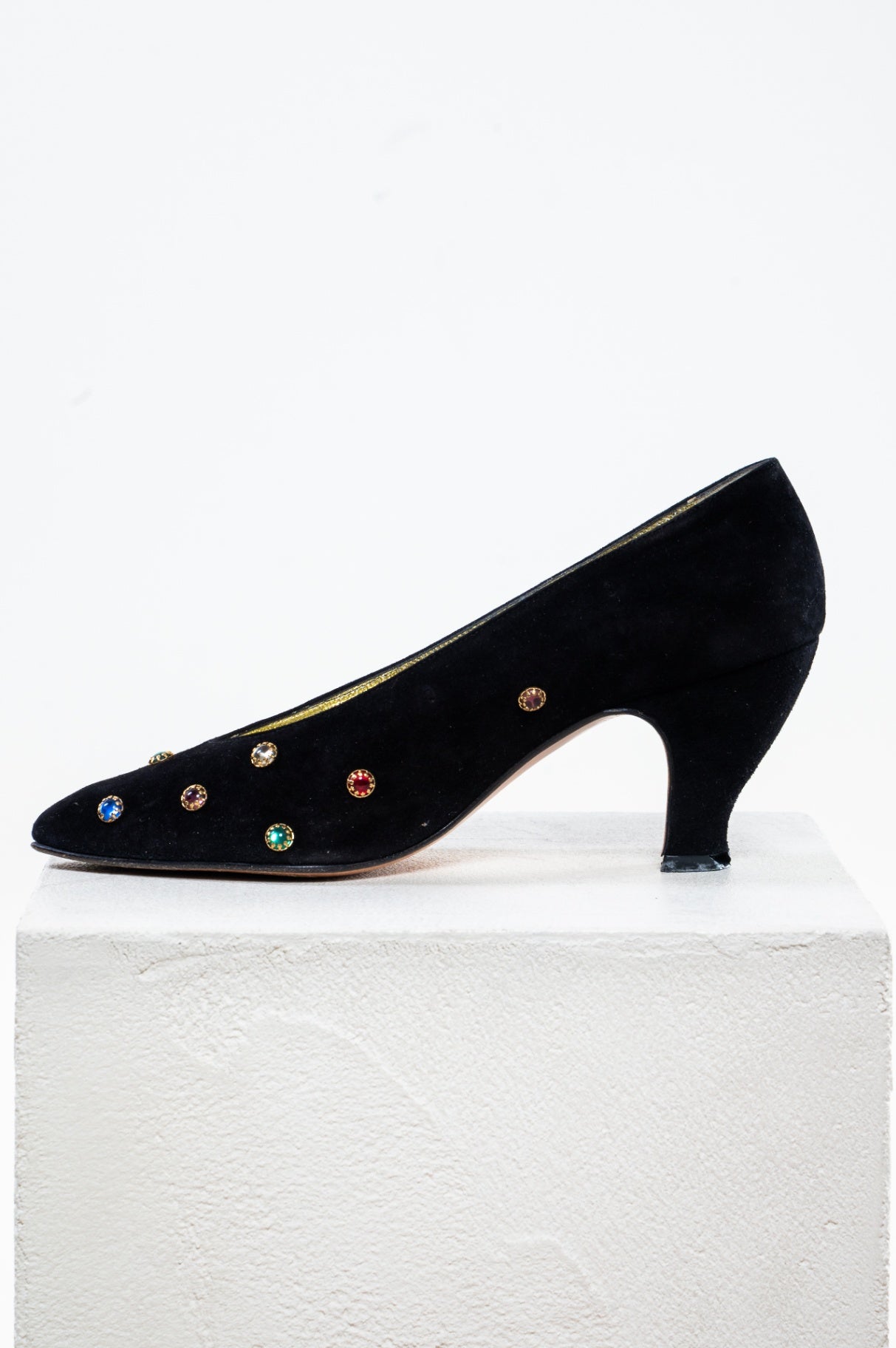 Vintage Black Suede & Gemstone Round Pointed Toe Heel