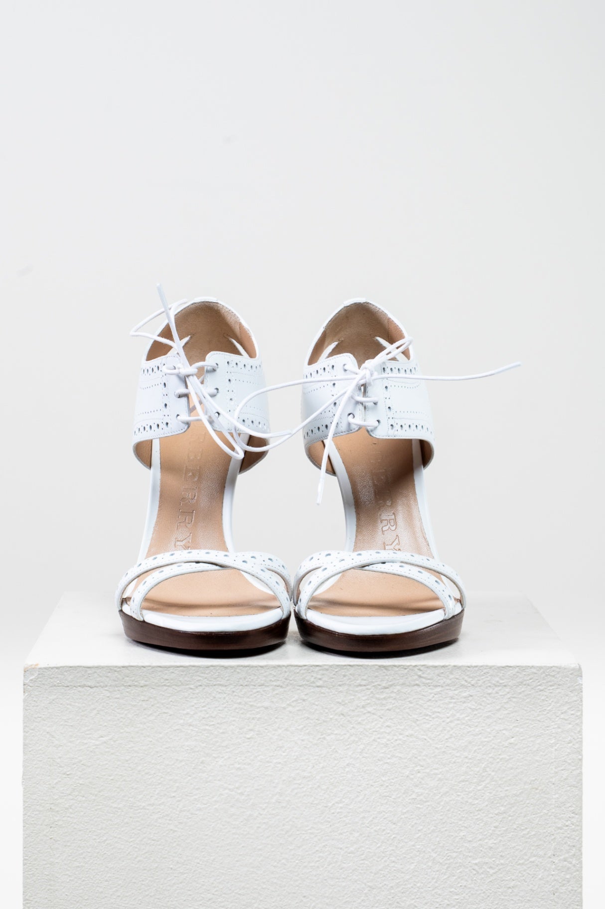 White Perforated Detail Lace-Up Leather High Heel Sandals chdup
