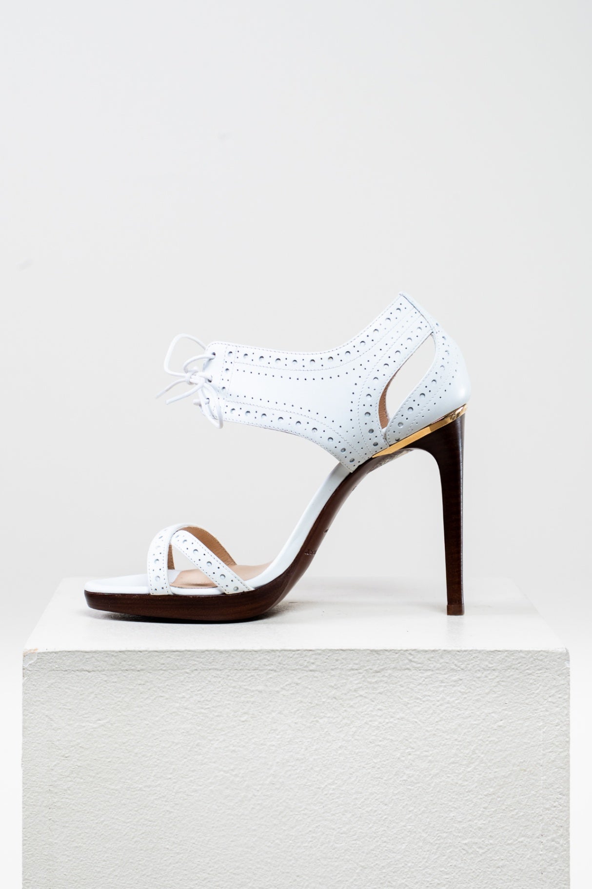 White Perforated Detail Lace-Up Leather High Heel Sandals chdup