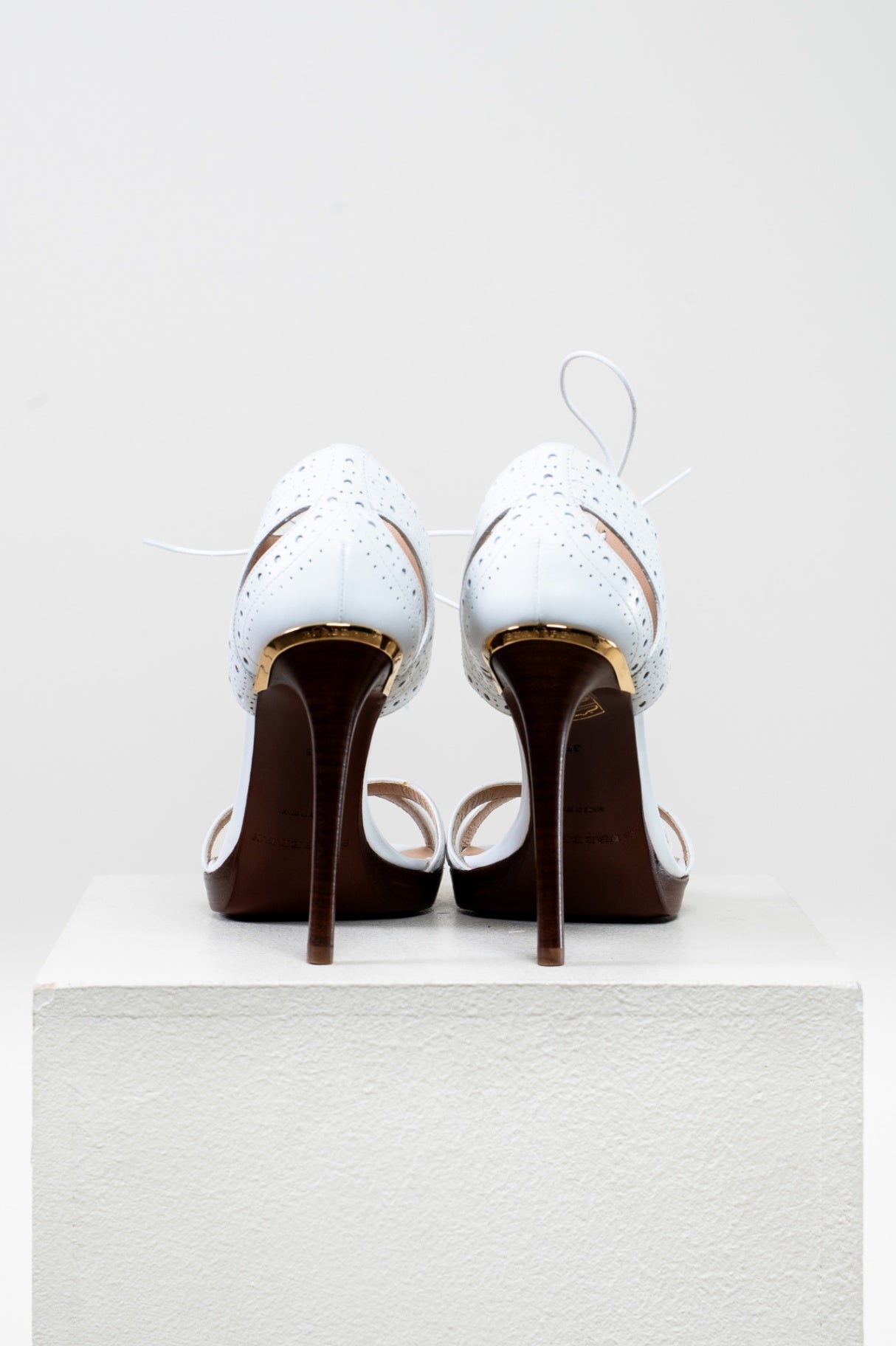 White Perforated Detail Lace-Up Leather High Heel Sandals chdup