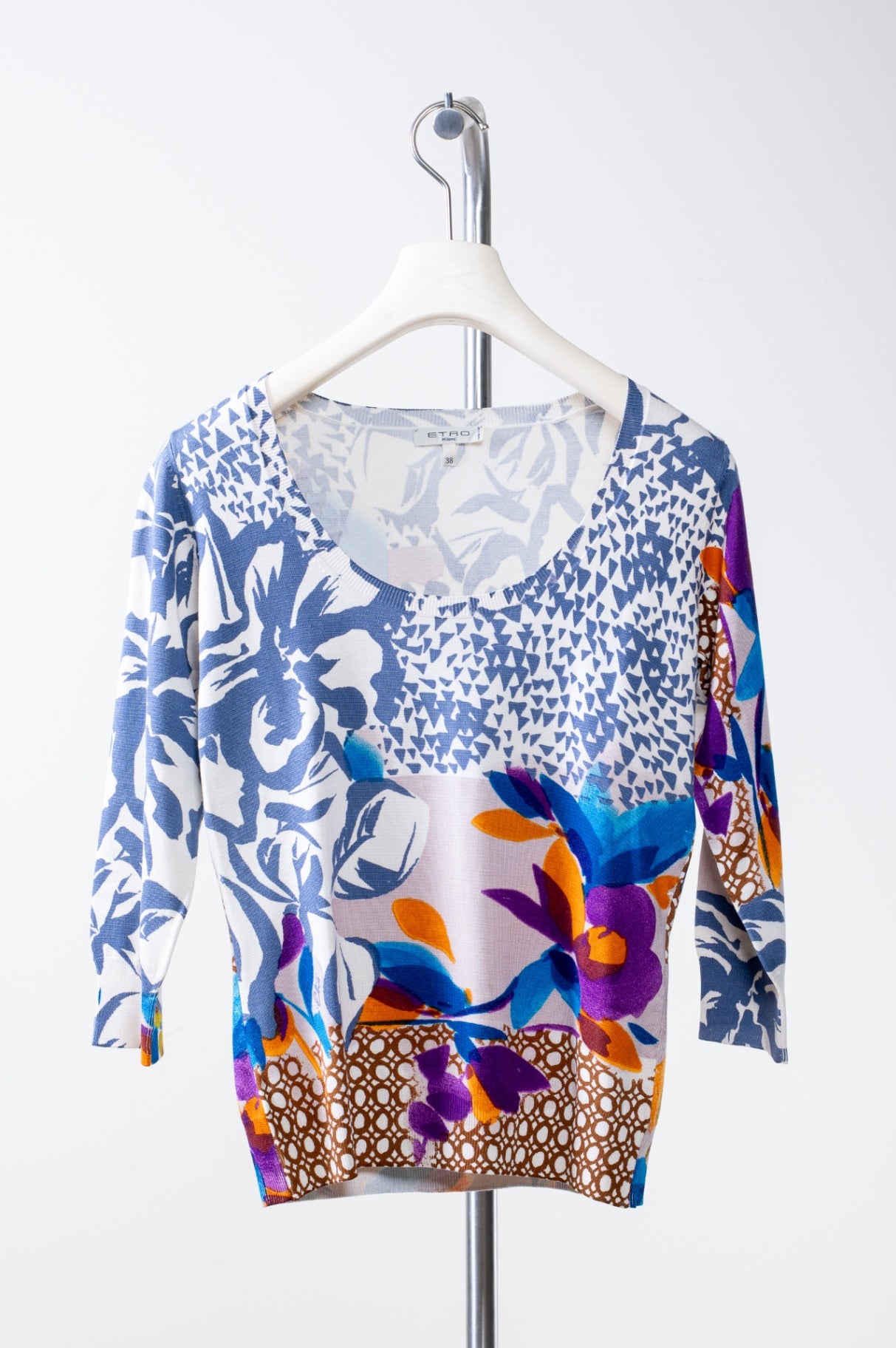 Multicolour Floral Print Round Neck 7/8 Sleeve Sweater