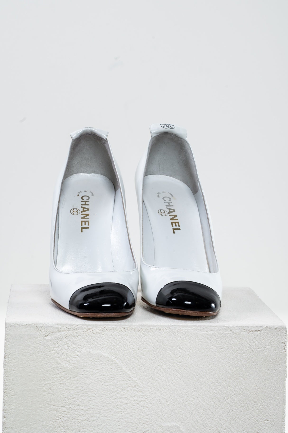 White and Black Round Toe High Heel Pump