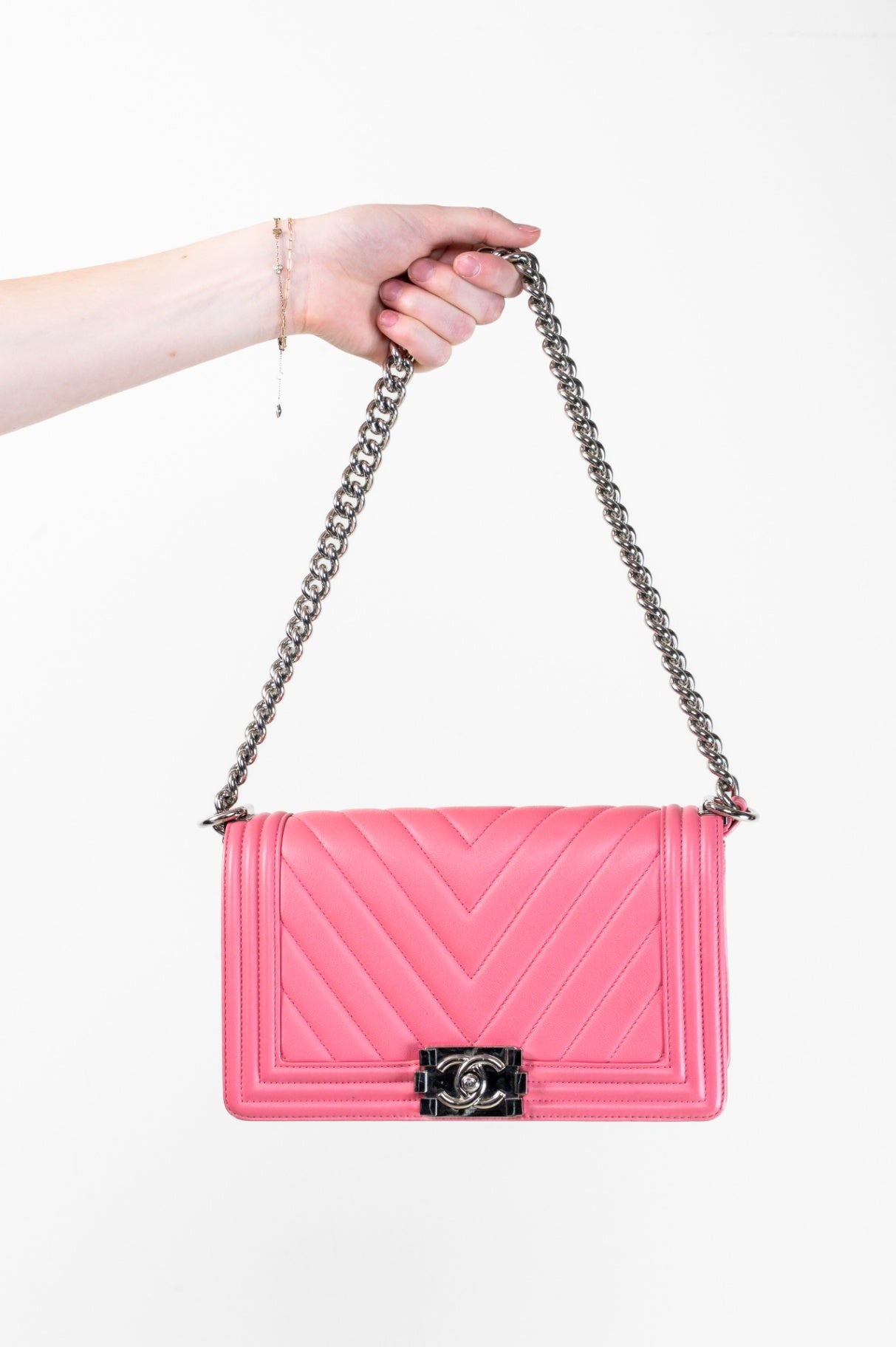 Medium Pink Calfskin Chevron Flap Boy Bag